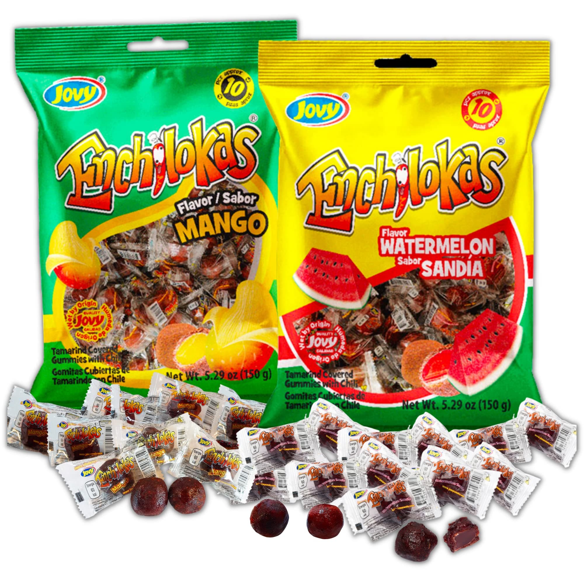 Sweetzo - Spicy Gummy Candies, Individually Wrapped Watermelon and Mango Tamarind Covered Gummies with Chili Powder, Separable Mexican Candy Bags, 150ml, Pack of 2 (Watermelon Mango)
