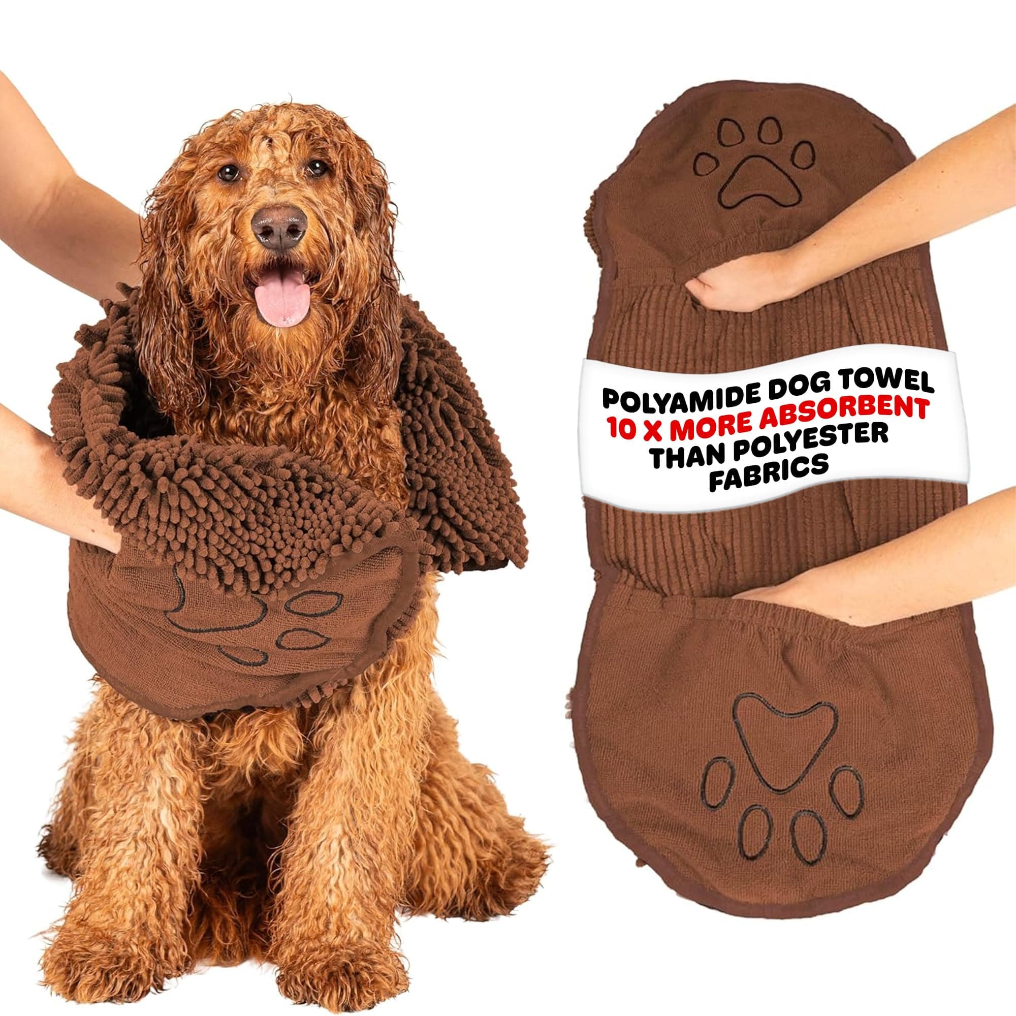 Dog Gone Smart The Dirty Dog Shammy - Fast Drying Plush Shammy Towel with Dual Hand Pockets and Elastic - Super Absorbent Microfiber and Machine Washable - 31 × 13 in, Brown