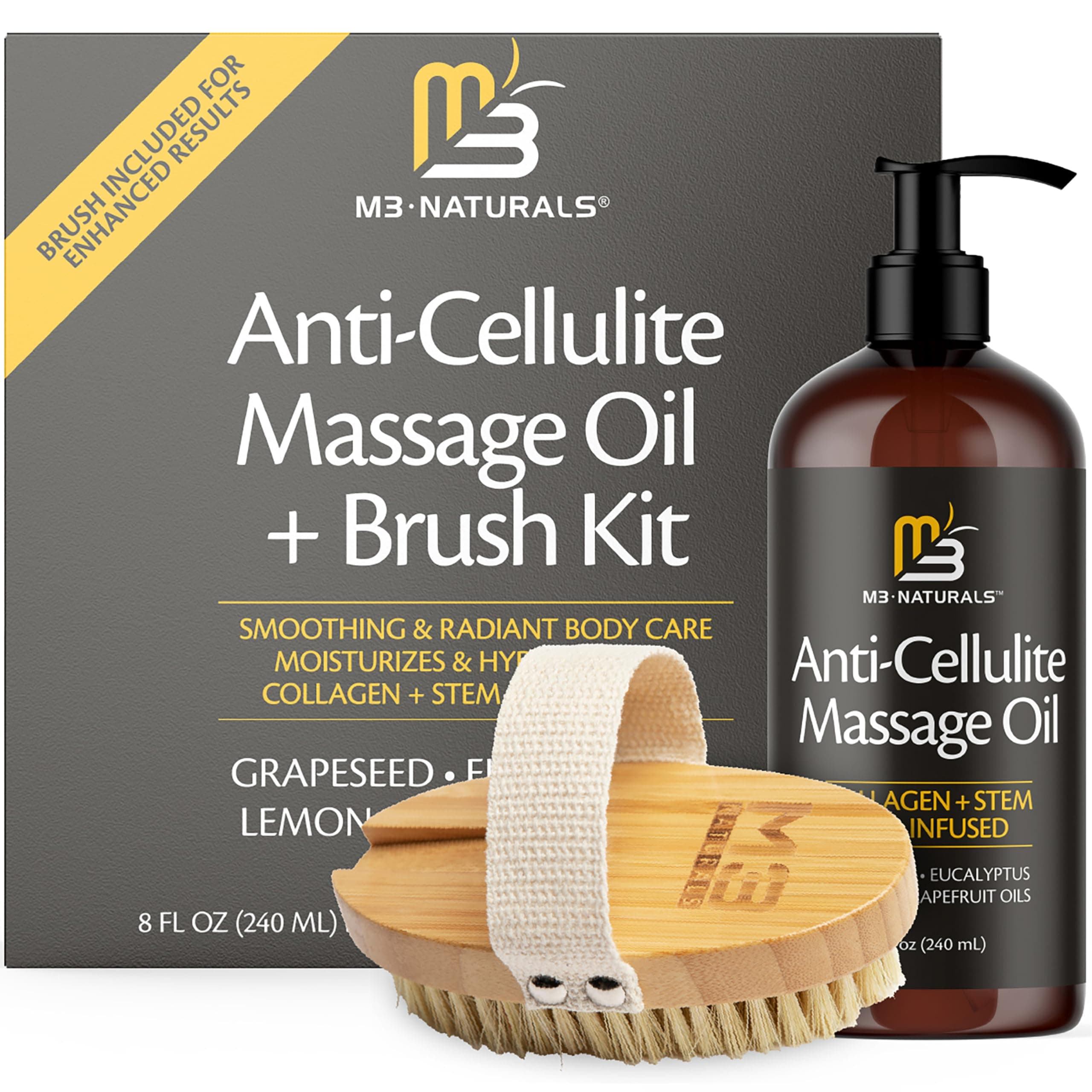 Anti Cellulite Massage Oil and Firm Dry Brush Kit | Collagen & Stem Cell Skin Tightening Kit | Radiant Body Care Kit for Women by M3