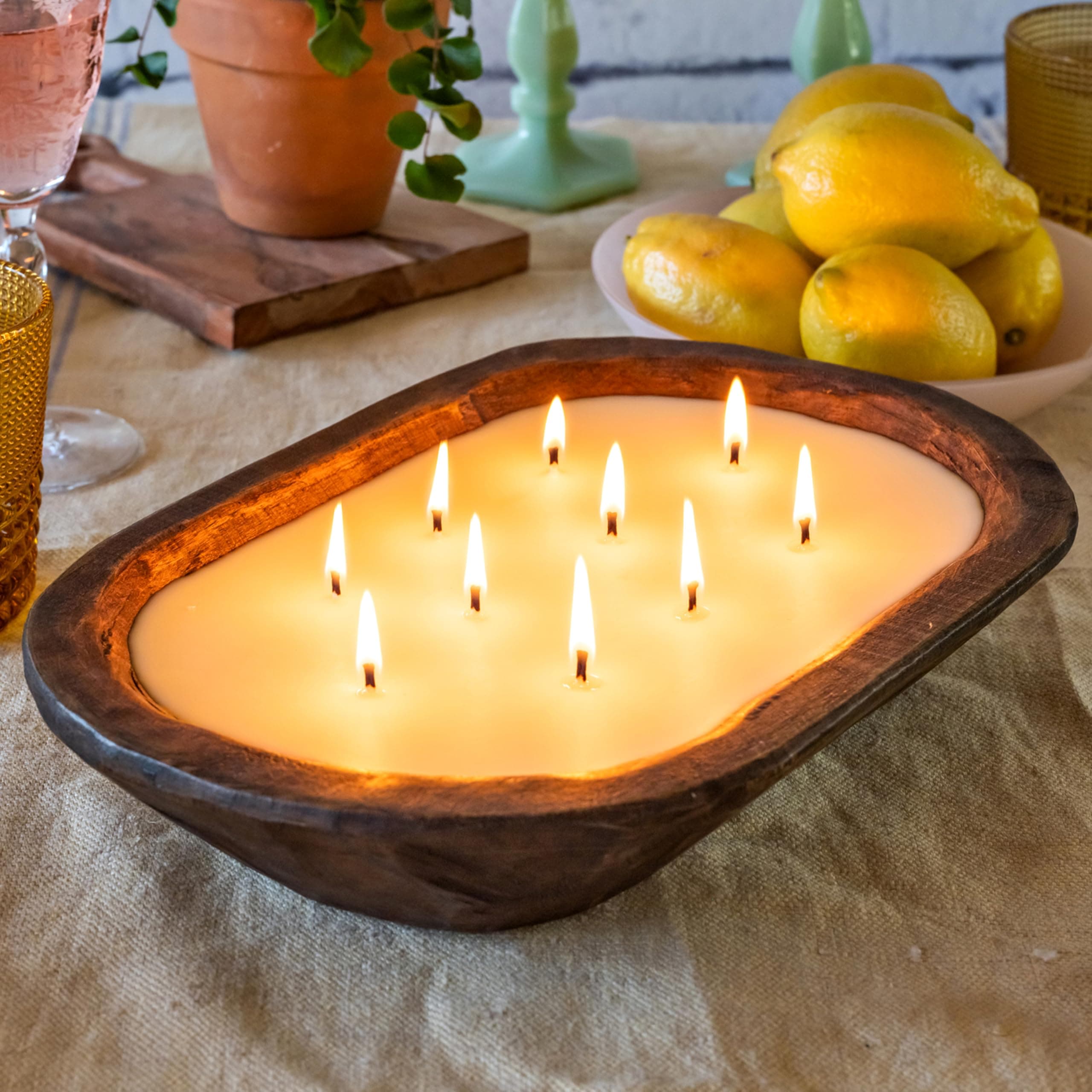 Wooden Dough Bowl Candles 10x14 Inch, Soy Candle, Farmhouse for Table, Candle...