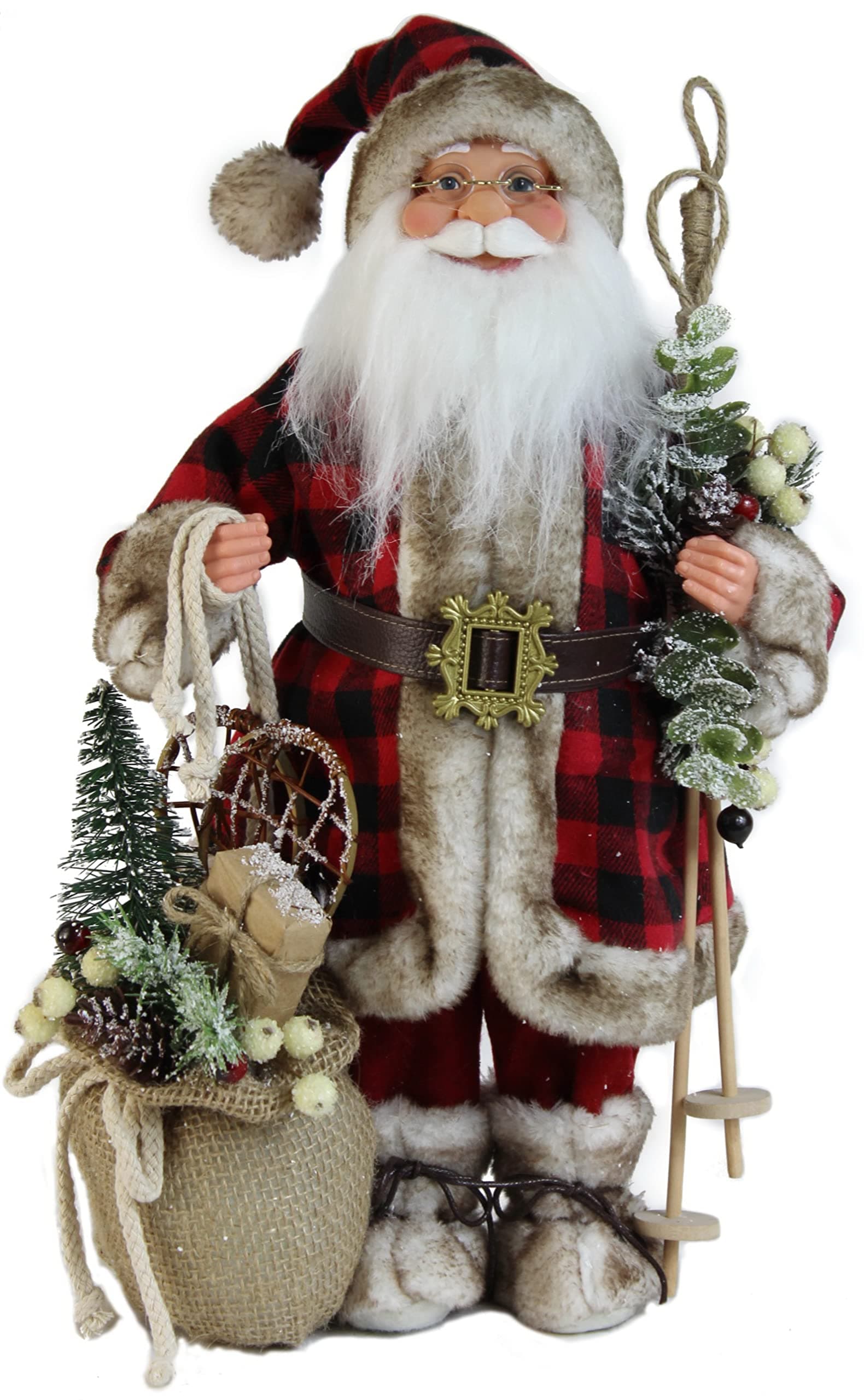 Windy Hill Collection 16" Inch Standing Buffalo Plaid with Burlap Toy Sack Santa Claus Christmas Figurine Figure Decoration 168280