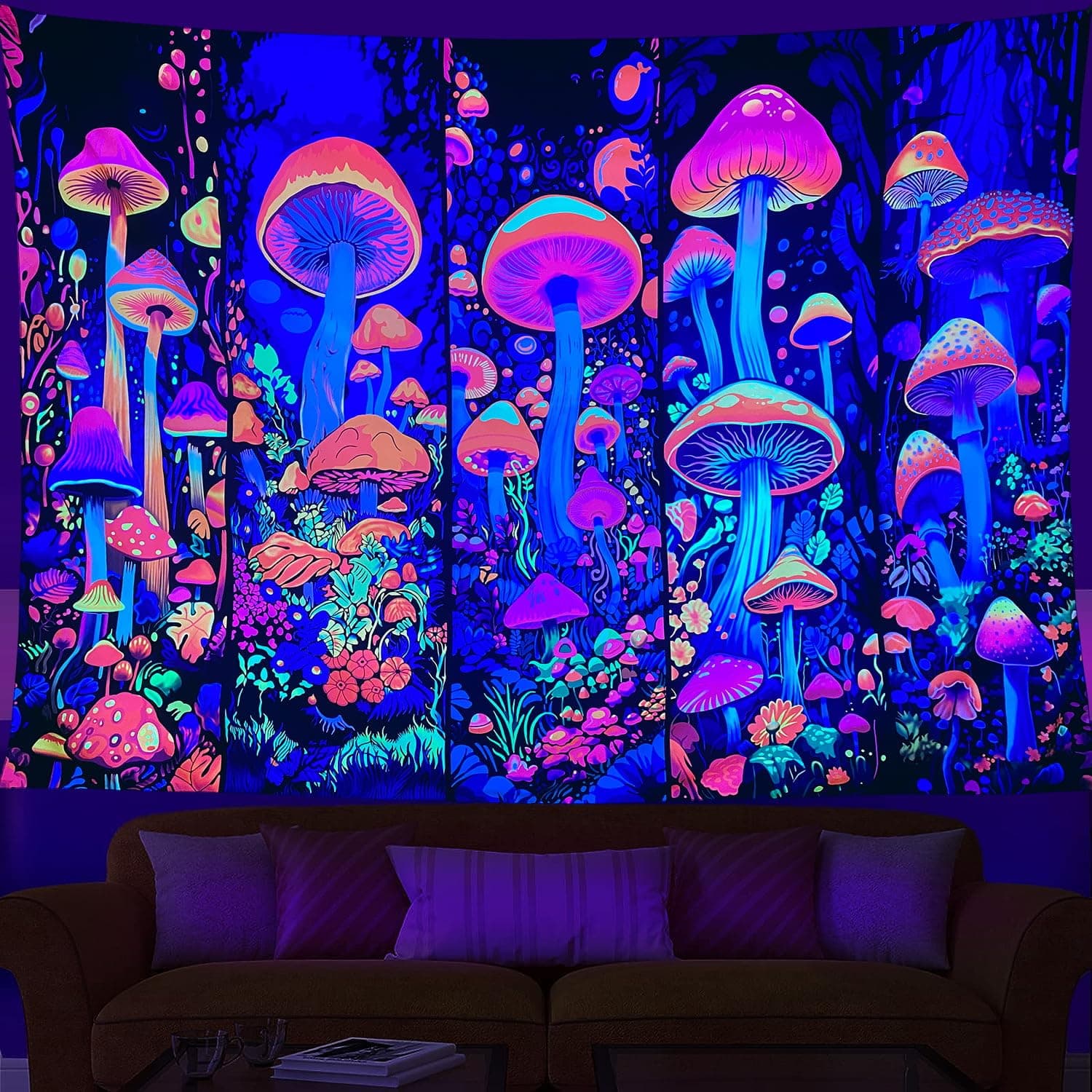 Blacklight Mushroom Tapestry Flower Plant Wall Hanging, UV Reactive Tapestries Glow in The Dark Tapestry, Hippie Wall Hanging for Bedroom Trippy Room Decor (59" x 78")