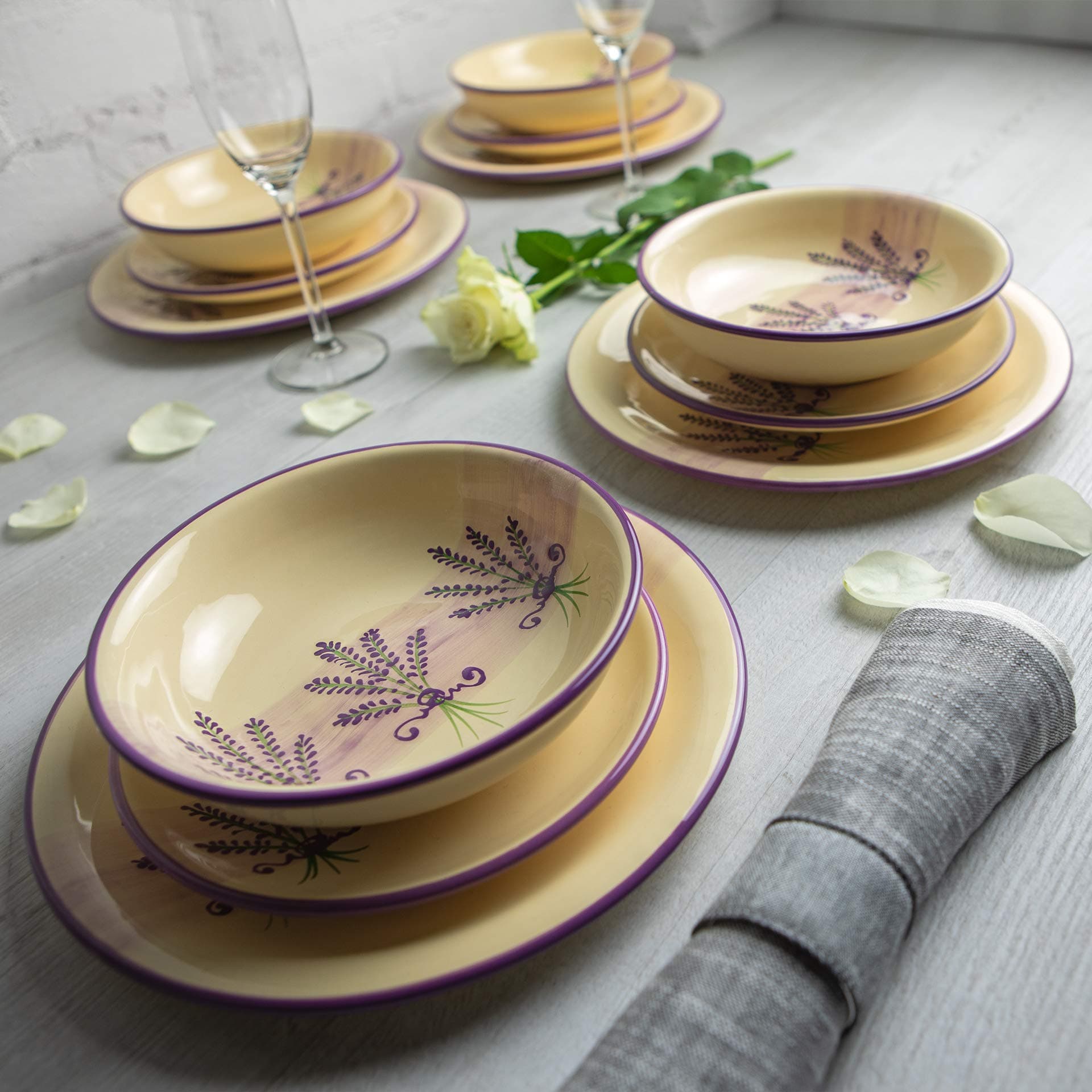 City to Cottage Lavender Pattern Purple and Cream Handmade Hand Painted Ceramic 12 Piece Tableware Set | Lavender Pattern Dinnerware Service for 4 | Dinner Plates | Side Plates | Bowls Crockery Set