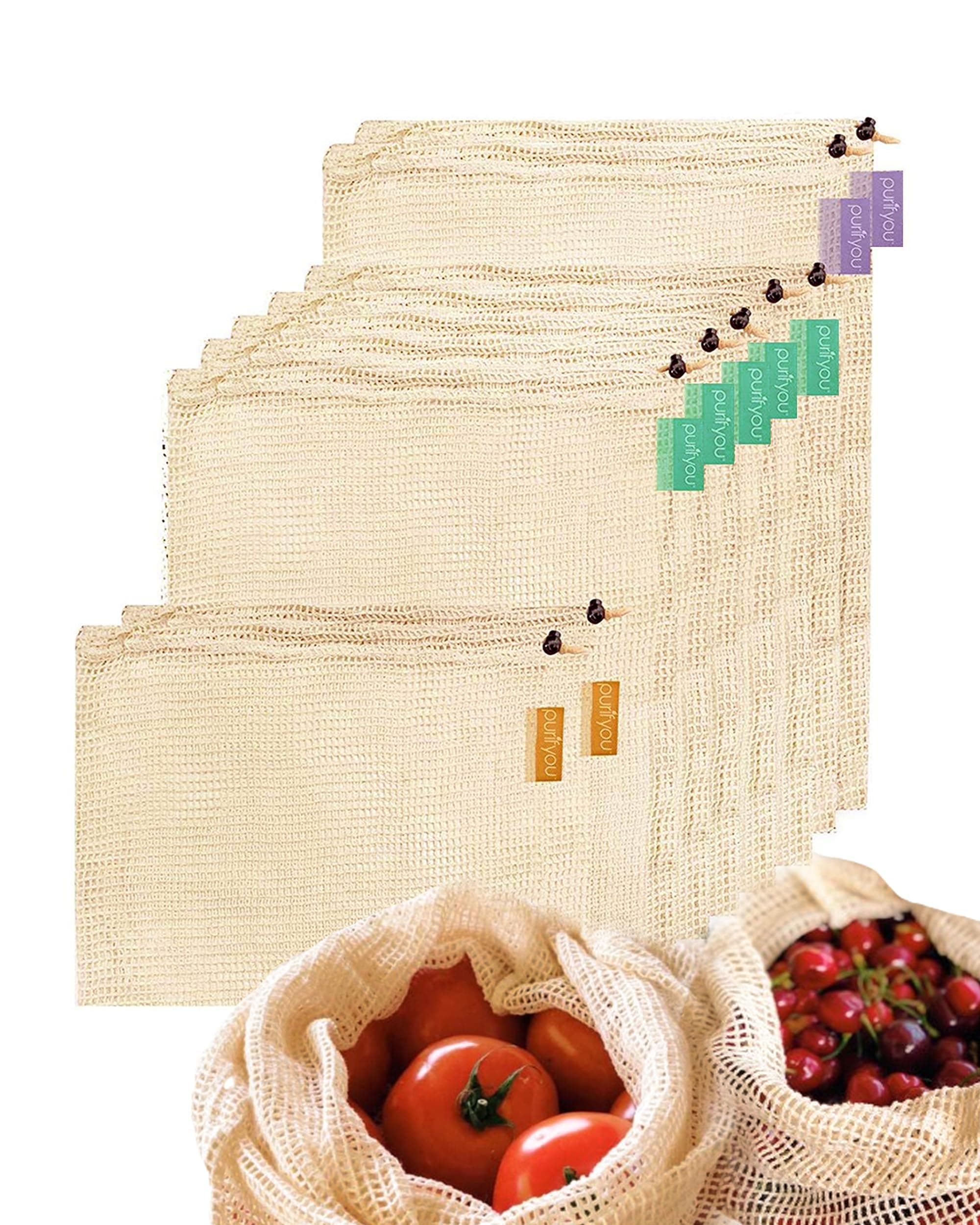 purifyou Set of 9 Reusable Organic Cotton Produce Bags – Heavy Duty Double-Stitched Mesh, Unbleached, Drawstring Closure – 2 XL (12x20), 5 L (12x14), 2 S (12x8)