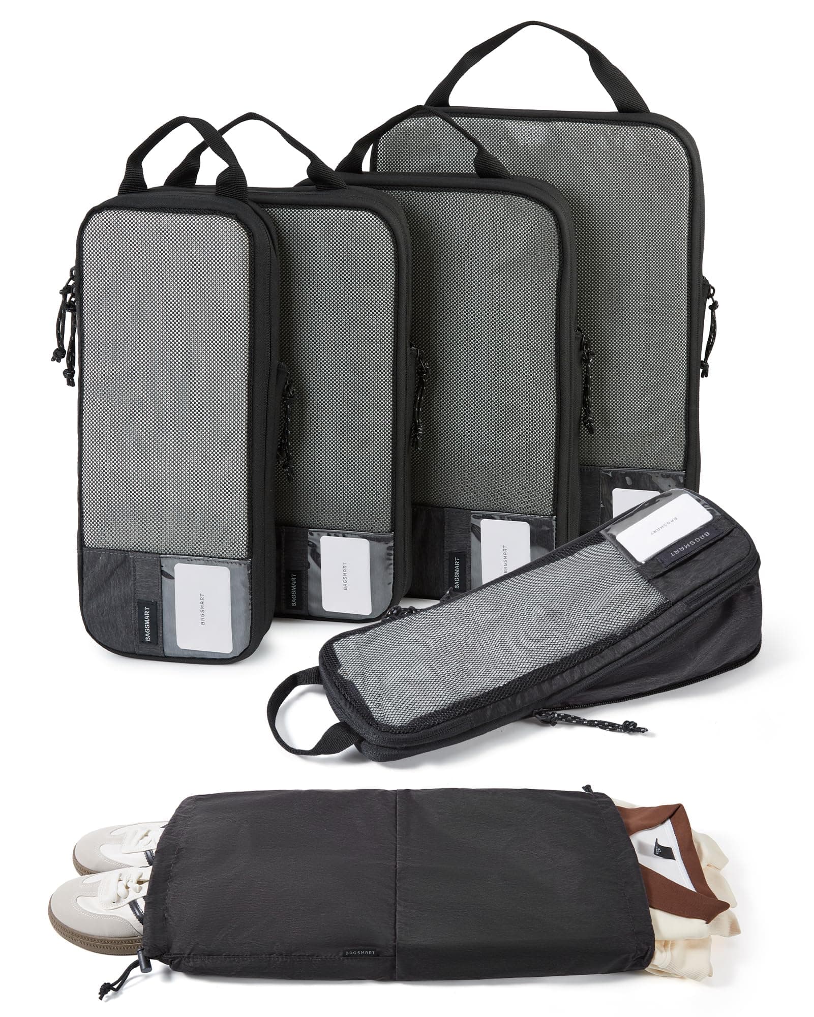 6 Set Compression Packing Cubes for Travel, Lightweight Vacation Travel Essentials for Men, Travel Accessories for Suitcase Organizer Bags Set, Durable Luggage Organizer Travel Bags, 02-Black