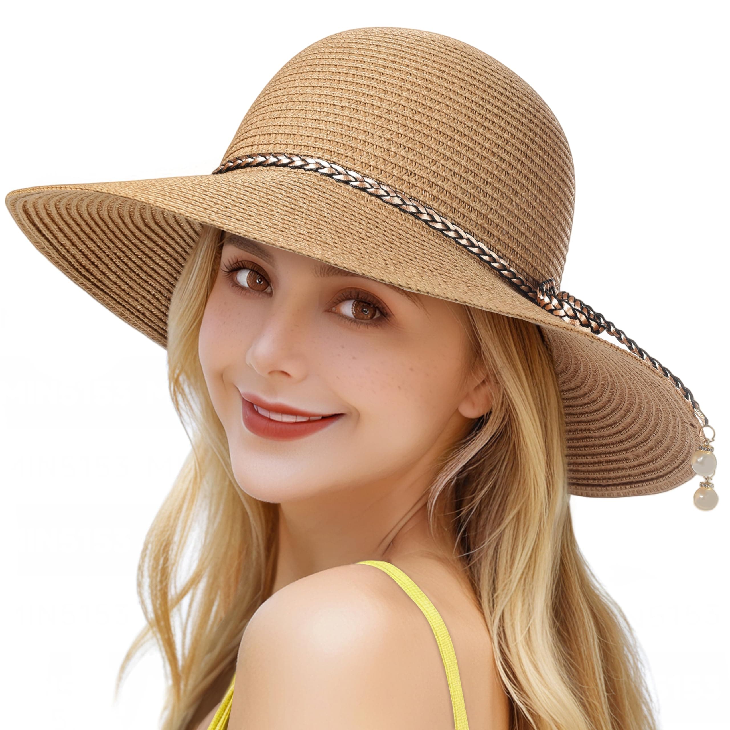 Womens Beach Sun Straw Hat - UV Protection UPF 50+ Sun Hats for Women with Wide Brim, Straw Beach Hat for Women