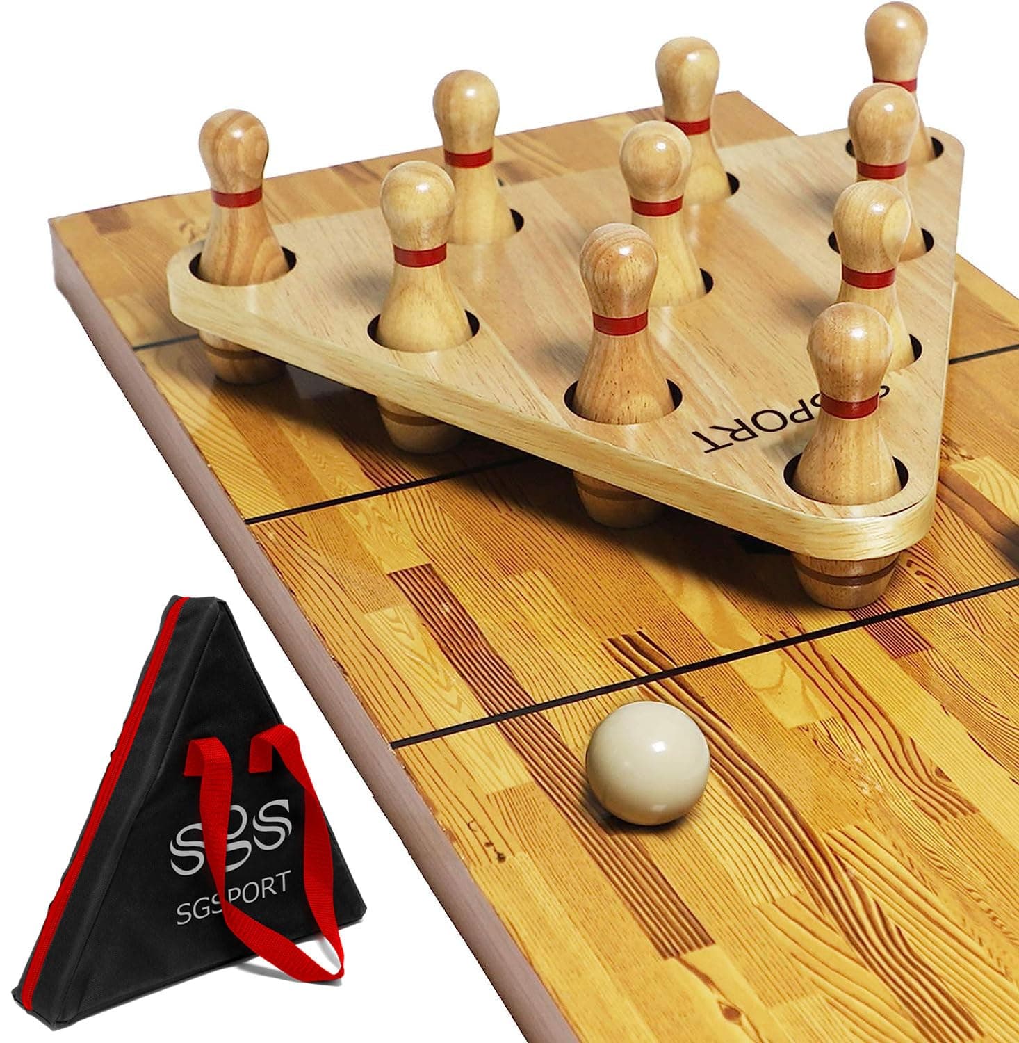 Shuffleboard Bowling Pin Set with 10 Pcs Premium Hardwood Bowling Pins Durabel Triangular Pinsetter Resin Bowling Ball and Carrying Bag, Fun for Shuffleboard Games