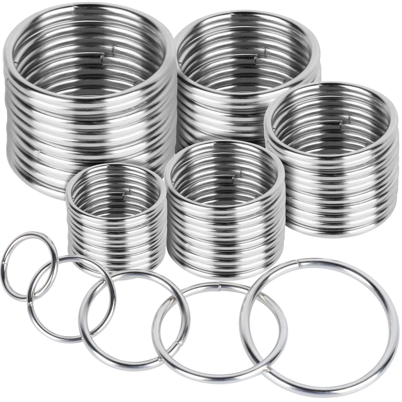 FANDAMEI Metal O Ring,50 Pcs Silver Multi Purpose Metal O Ring for Macrame, Camping, Dog Leashes, Hardware, Bags and More Craft Project - 16mm, 21mm, 25mm, 32mm, 38mm