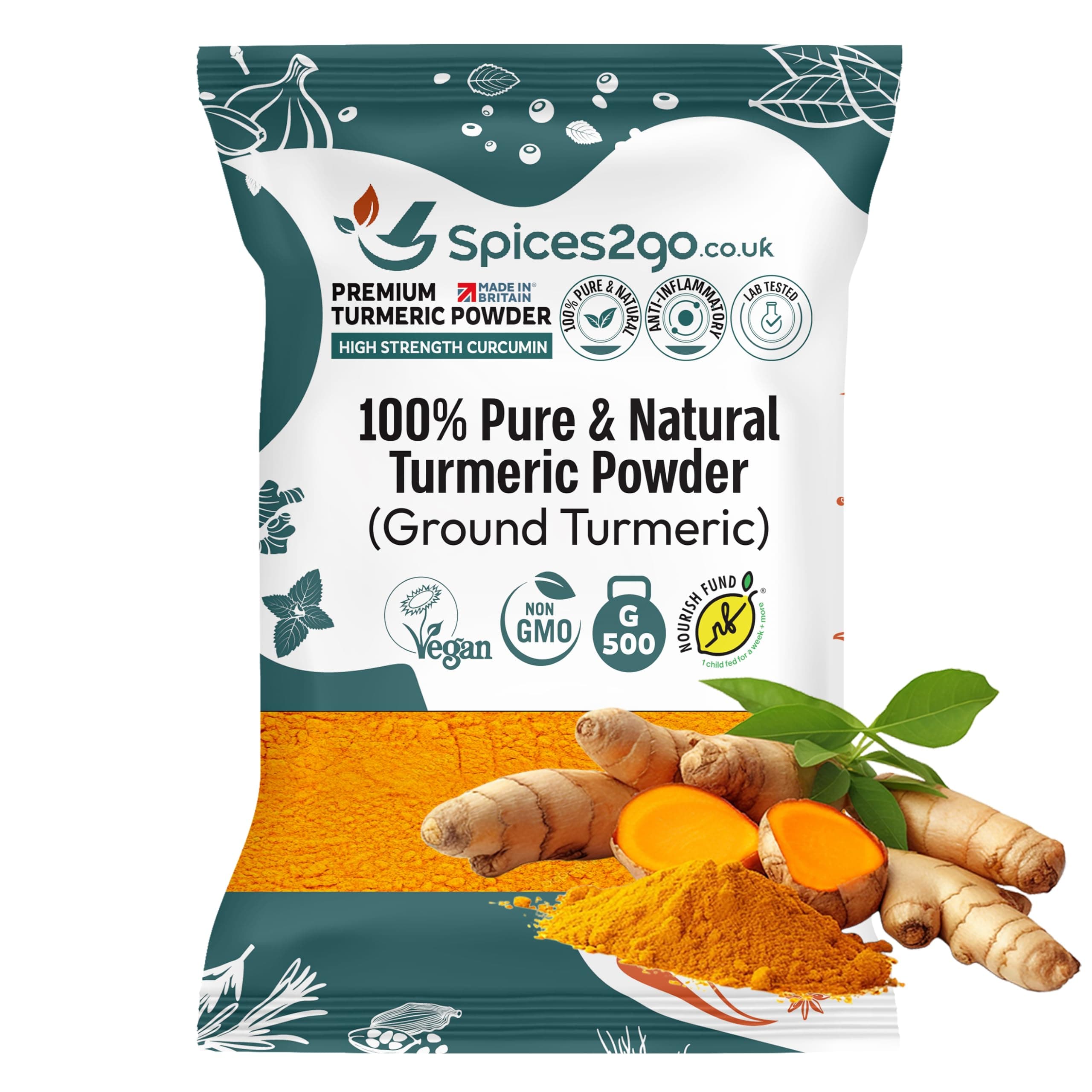 Spices2Go Premium Turmeric Powder - 100% Pure Turmeric Ground, Curcumin, Holud | Haldi | Haldar | Haladi, Long Shelf Life, GMO-Free, Made In Britain, Haldi, Tumeric (500G)