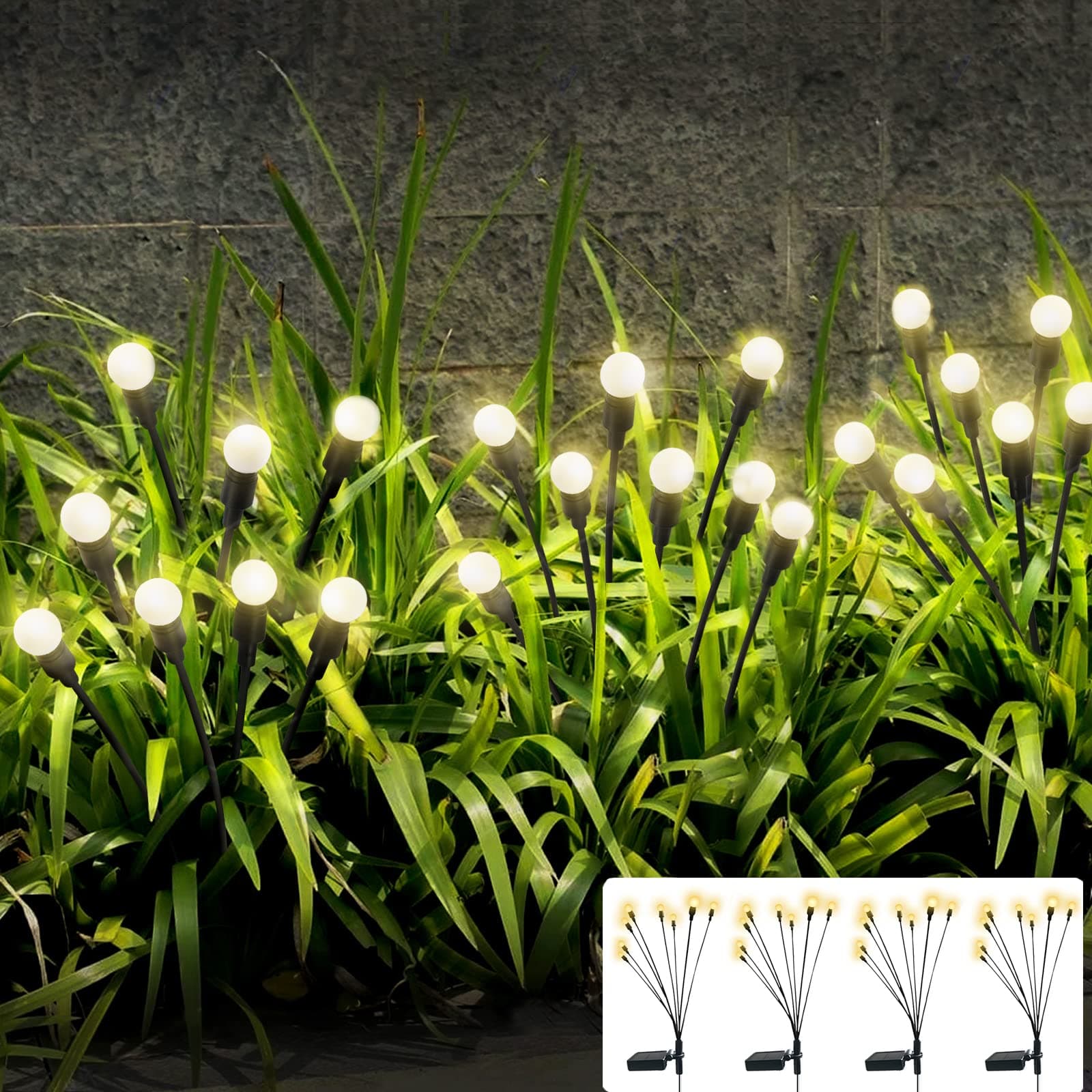 4Psc Solar Powered Firefly Outdoor Waterproof Lights, Starburst Swaying Garden Solar Lights (Warm | 8Led Bulbs-4Pack) - Abs