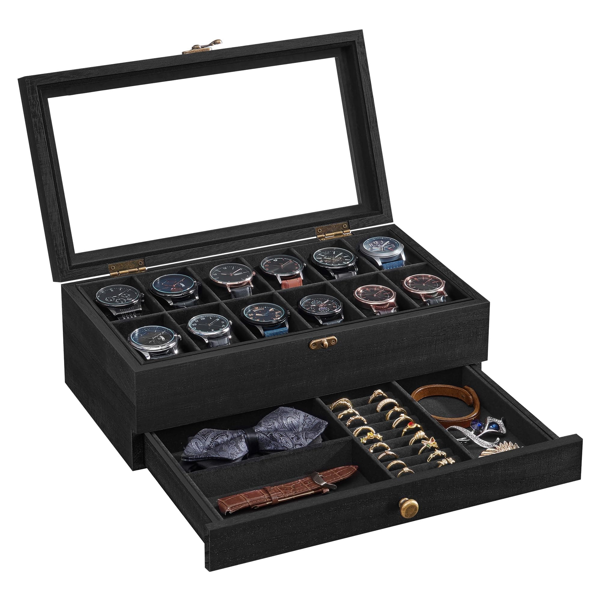 SONGMICS JOW012B02 12 Compartments Watch Box, 2 Levels Watch Box, Glass Lid, Cushions, Velvet Lining, Gift Idea, Black Ink JOW012B02