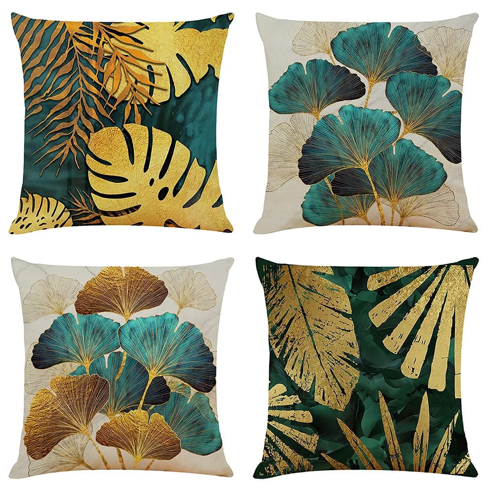 NIULAA Cushion Covers 50cm x 50cm Set of 4 Teal and Gold Leaves Cushion Cover 20x20 Inches Living Room Linen Sofa Cushions Luxury Pillow Cases for Outdoor Garden