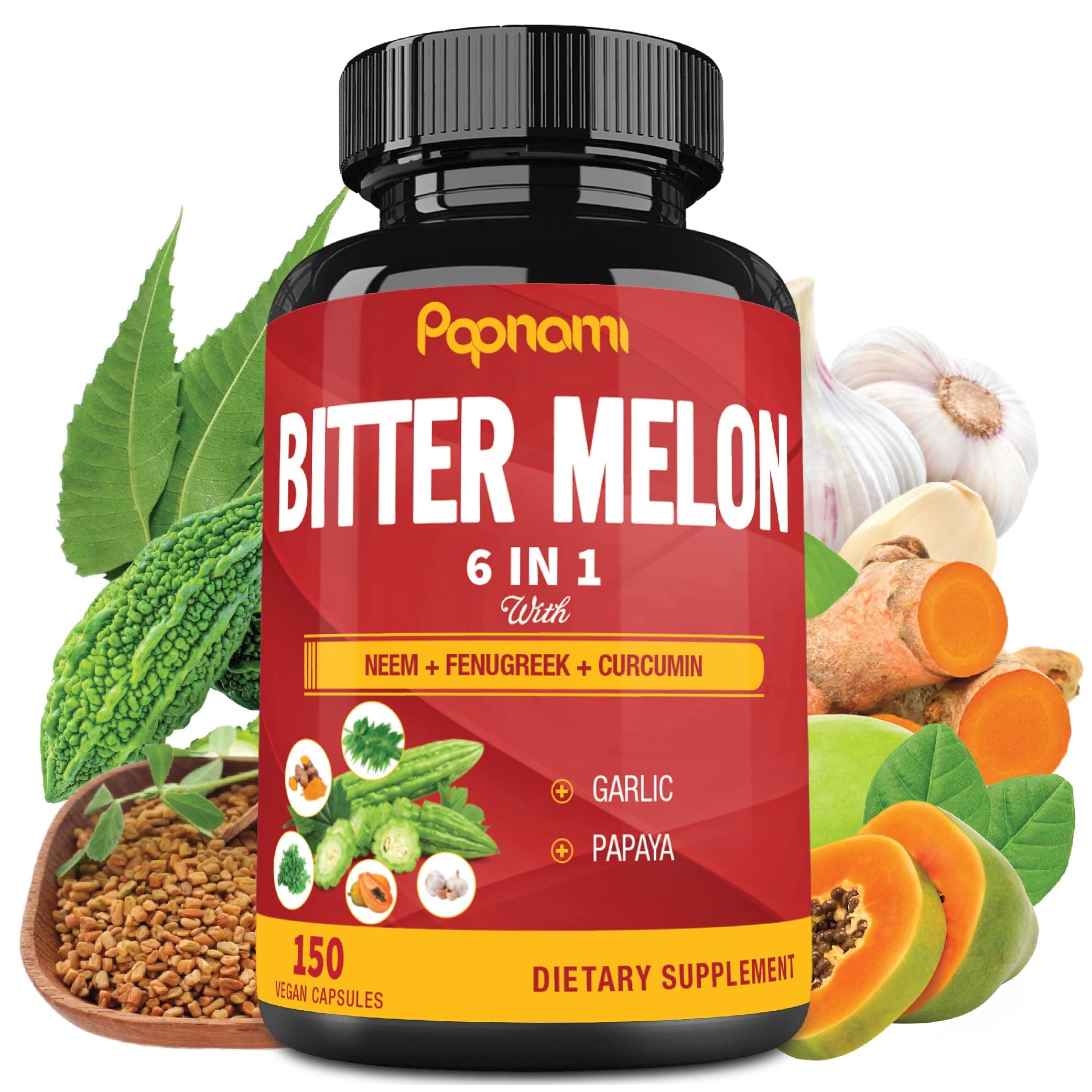 Organic Bitter Melon Extract Capsules - Combined Neem, Fenugreek, Curcumin, Garlic & Papaya - 150 Count for 5 Months - Supports Body, Digestive, Skin, Immune & Overall Wellness