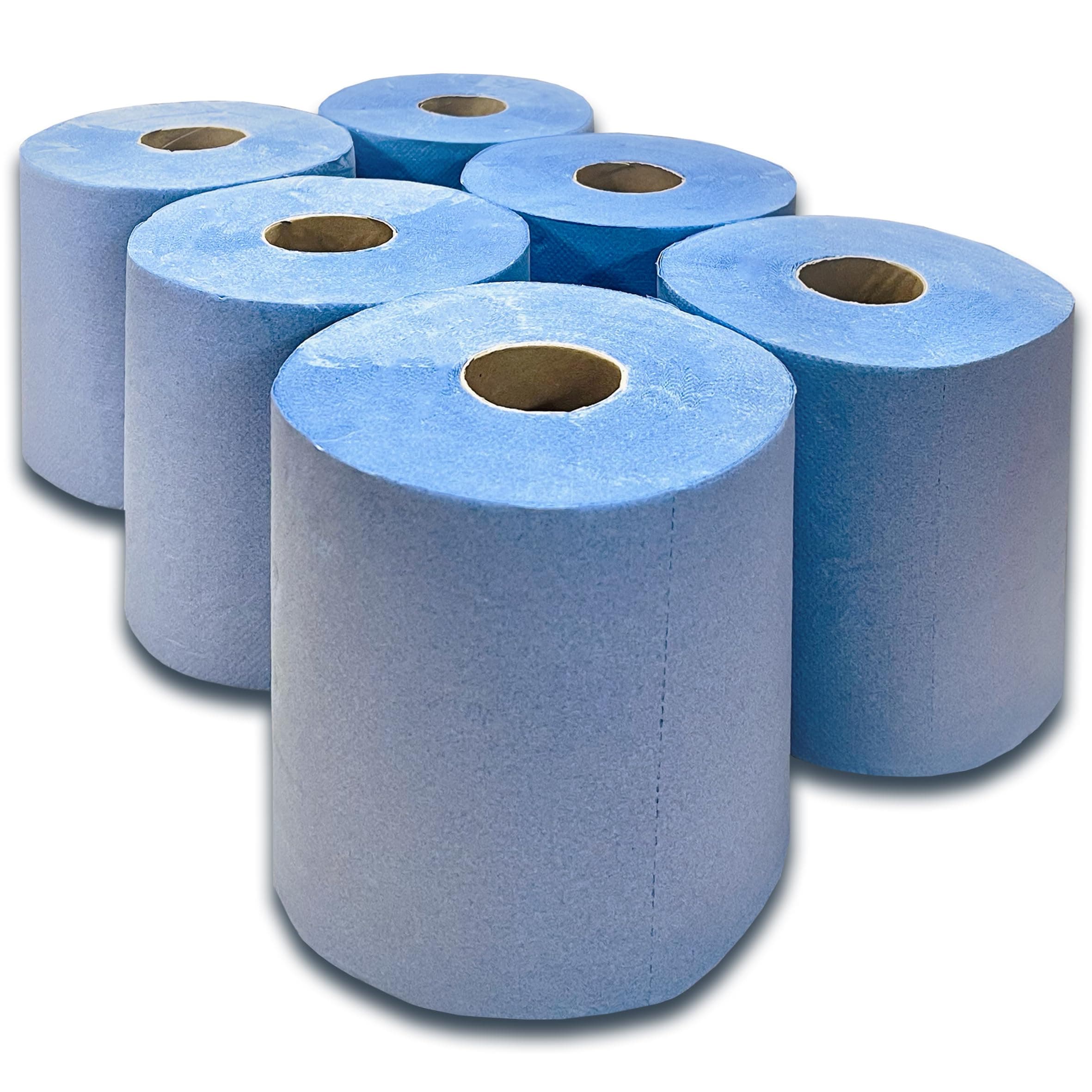 DHANZIPAK 6 x Blue Paper Rolls - 2 Ply Embossed Centre Feed - Hand Towel Tissue Rolls