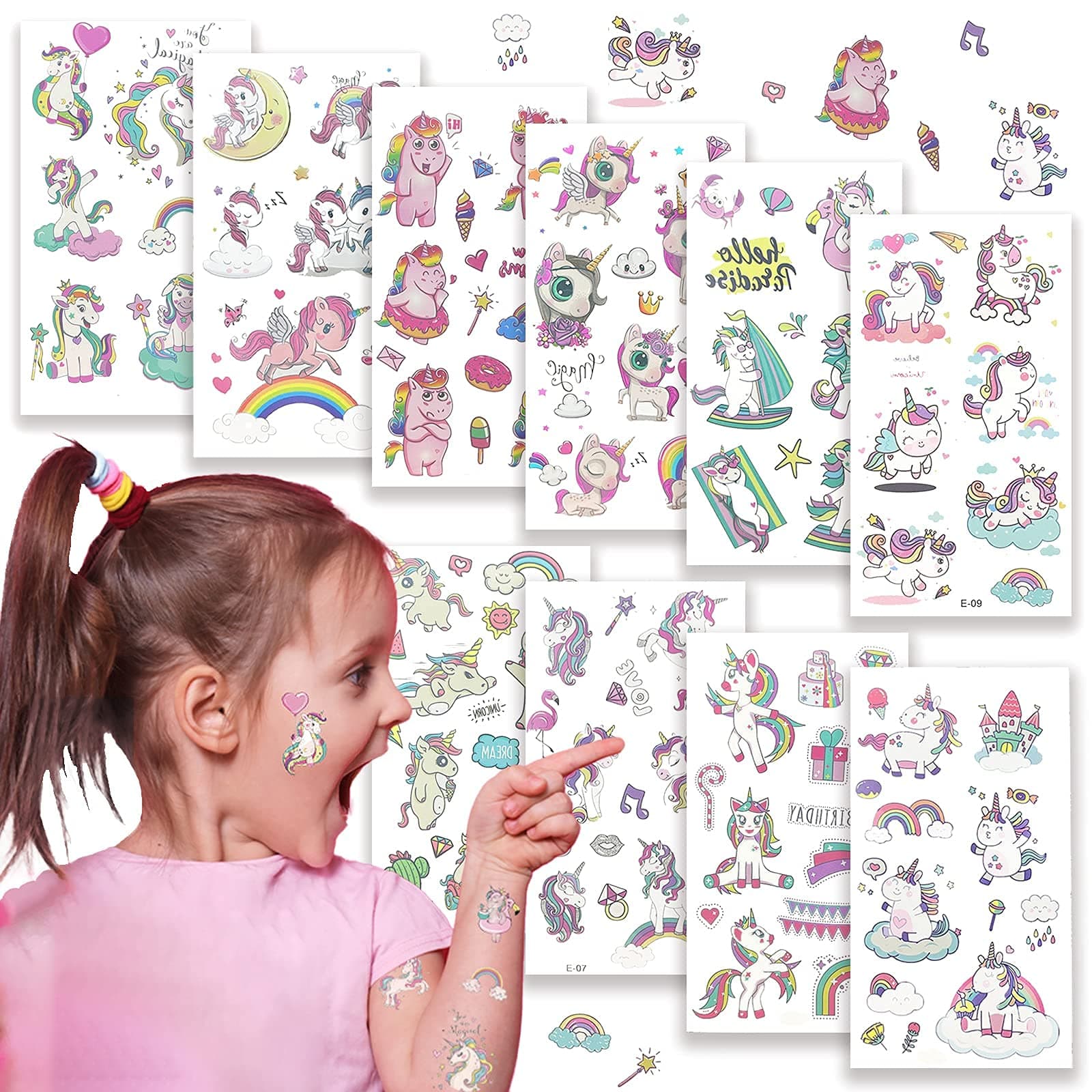 MAYCREATE® 10 Sheets Unicorn Tattoos Sticker for Kids Girls 50+styles Waterproof Sweet Tattoo Stickers for Party Favors Supplies and Children Accessories Gift White