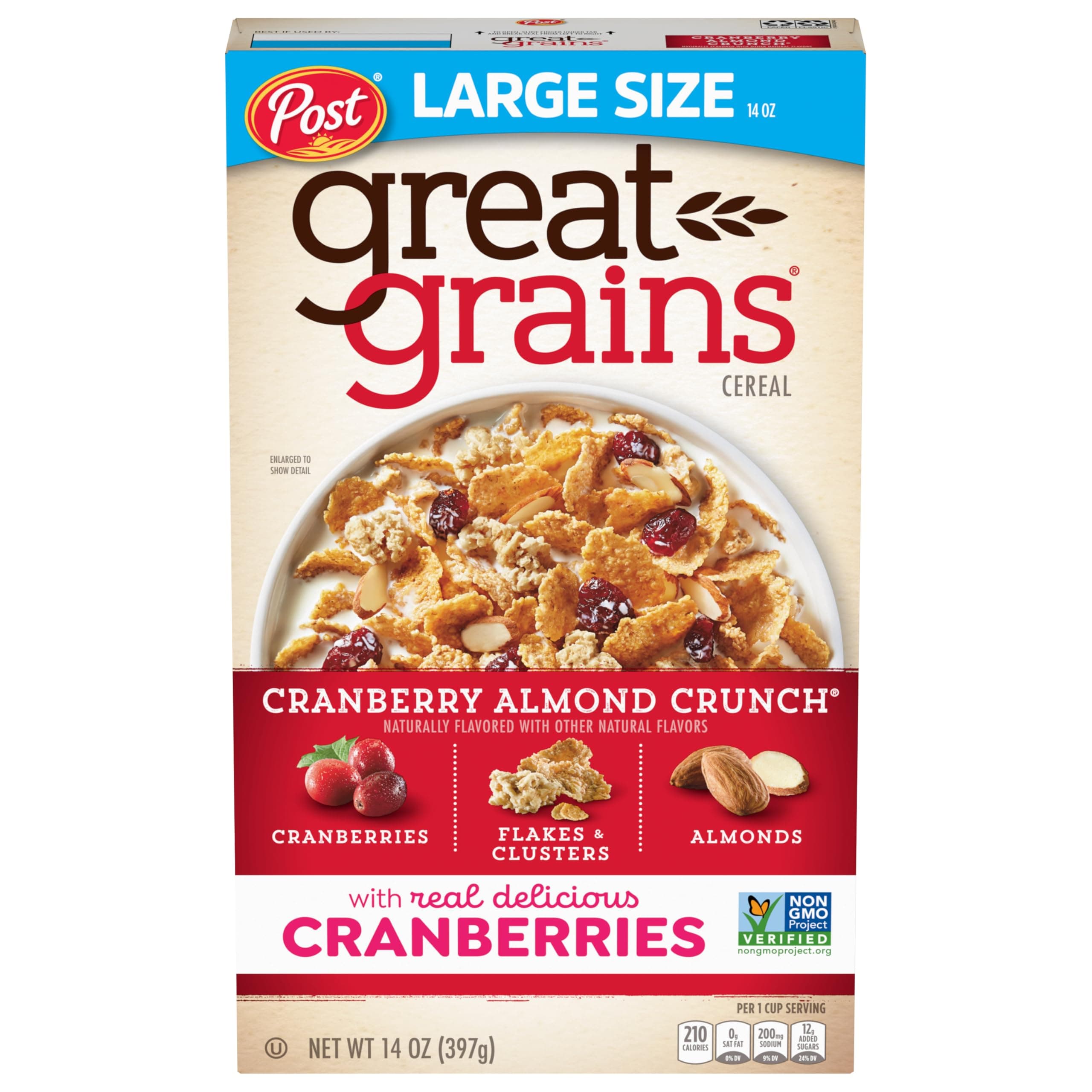 Cranberry Almond Crunch Breakfast Cereal for Adults, Dried Cranberries and Almonds, Made with Whole Grain, Non-GMO, Heart Healthy, 14 OZ Box