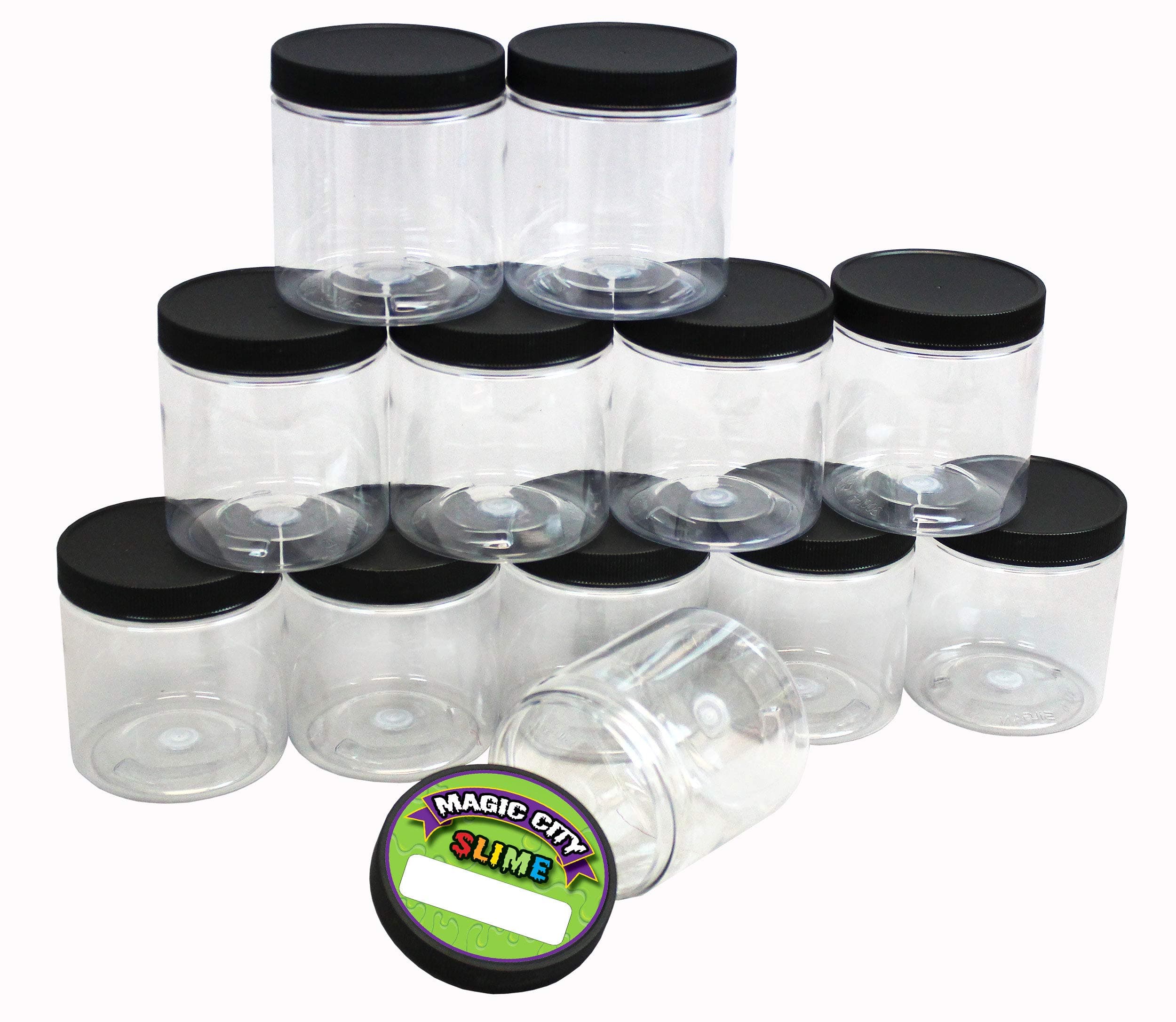 Magic City Slime Empty Slime Storage Containers with Labels, Pack of 12 Clear, 8-Ounce Plastic Storage Jars with Airtight Lids - BPA Free, Made in USA