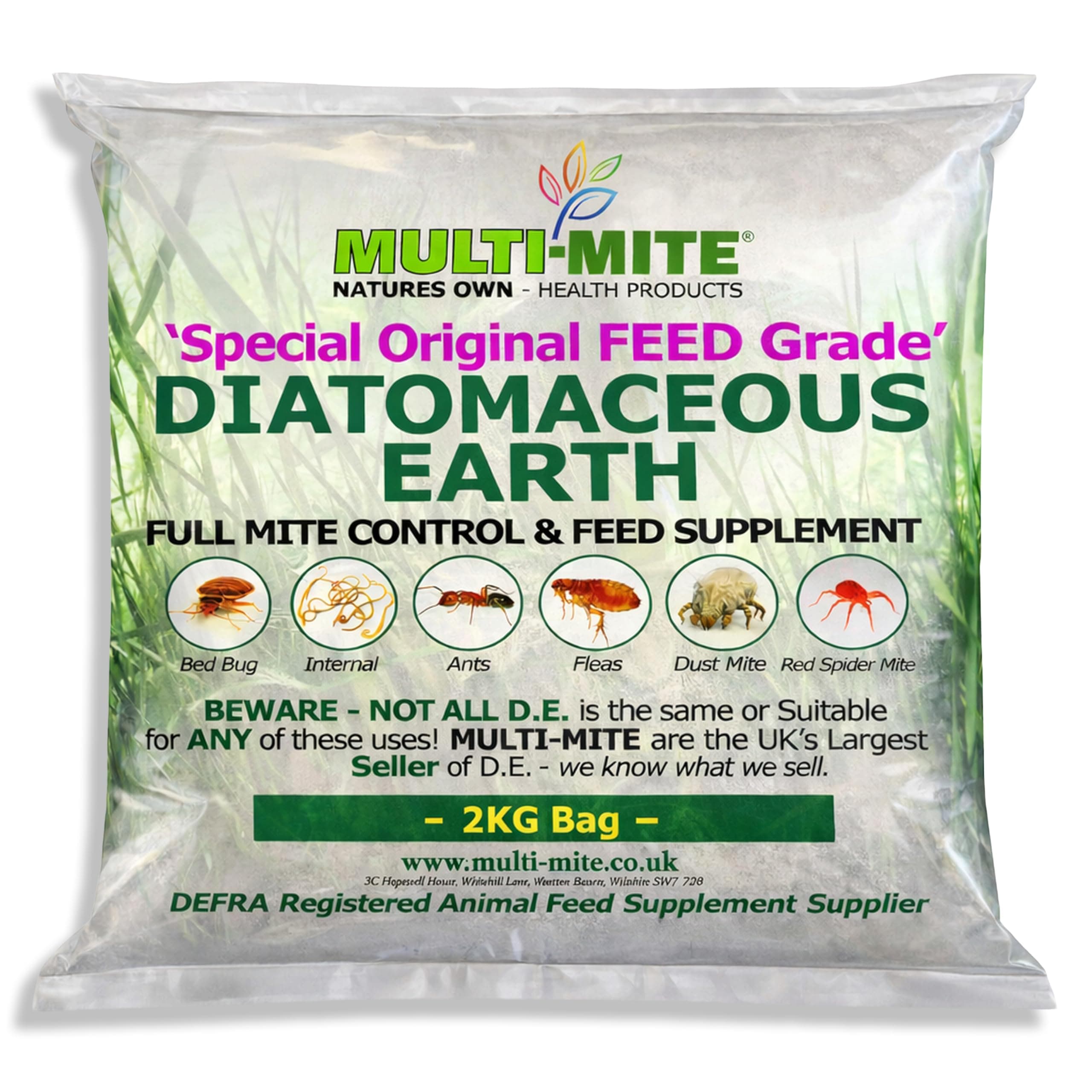 2KG DIATOMACEOUS EARTH Feed Supplement DE Powder - 100% Natural Insect Mite Treatment - Red Mite Fleas and All Animal Lice Control Powder