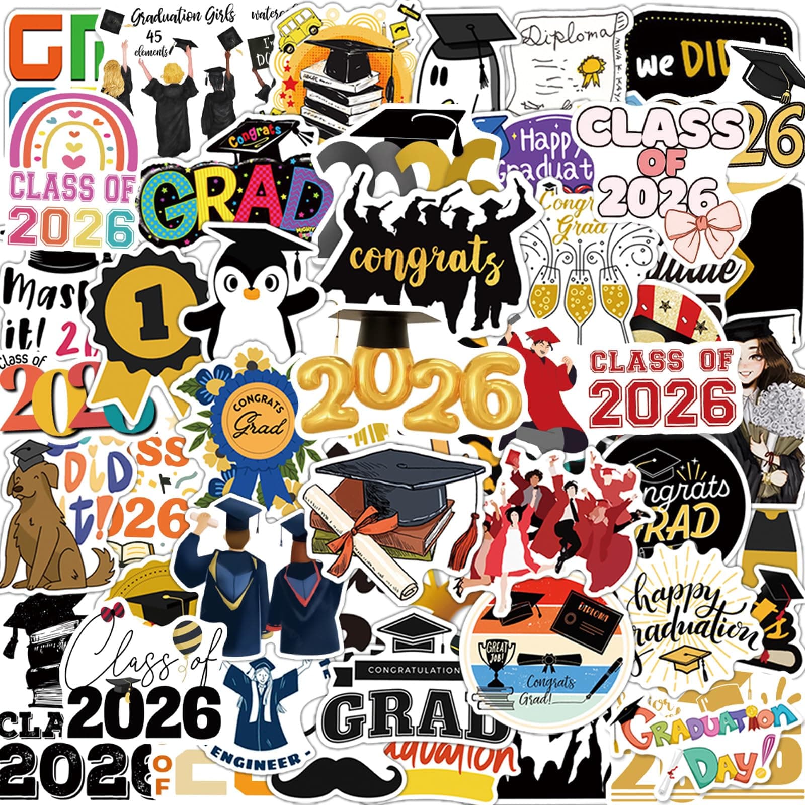 50Pcs Graduation Stickers 2026 College Class of 2026 Stickers for Graduation Decorations Graduation Party Decorations 2026 Waterproof Vinyl Stickers for Water Bottle, Laptop, Skateboard