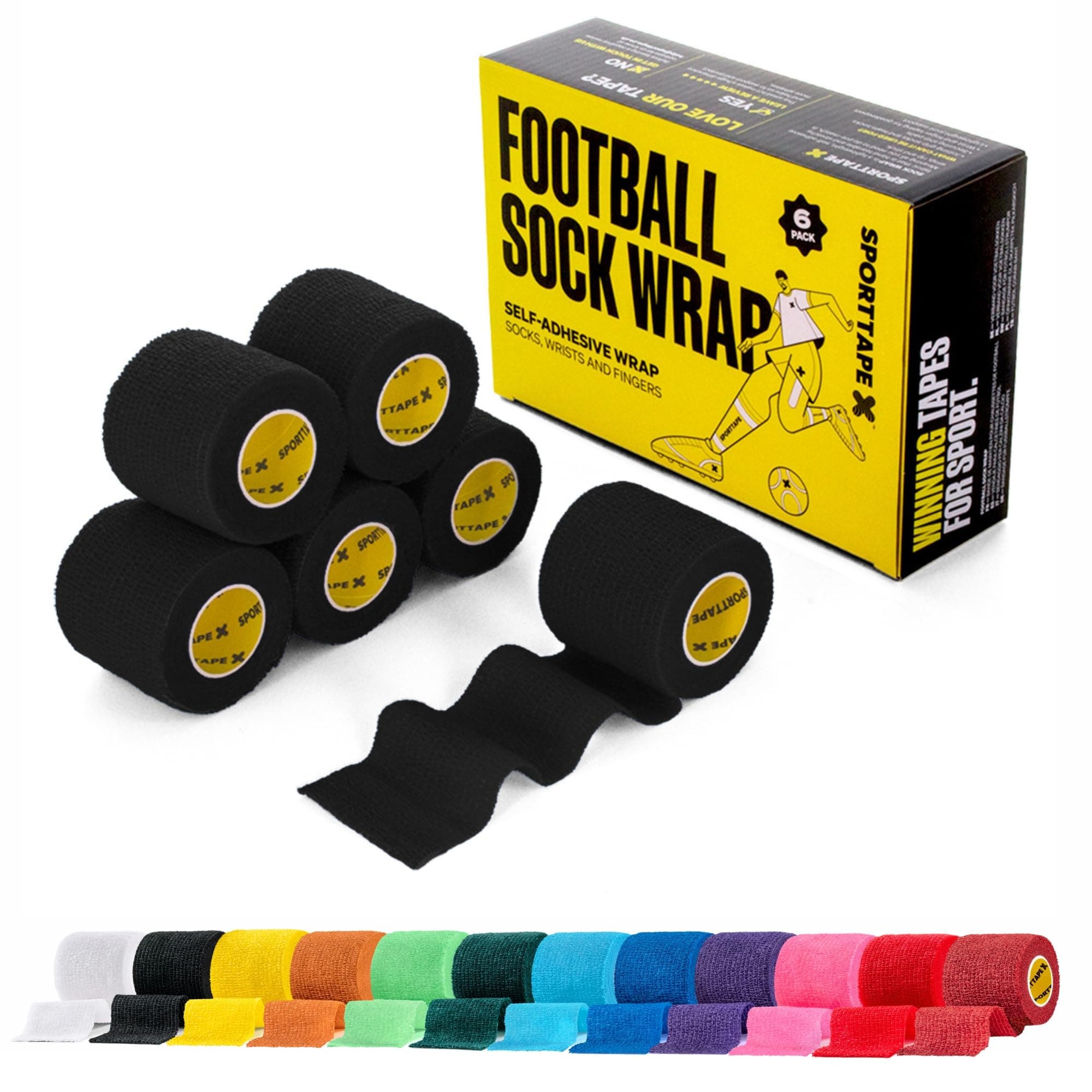 6 Rolls SPORTTAPE Self-Adhesive Football Sock Tape | 5cm x 4.5m - Black | Cohesive Bandage Sock Wrap, Shin Pad Tape | Goalkeeper Wrist Tape & Football Ankle Tape | Pet & Vet Wrap for Dogs, Horses