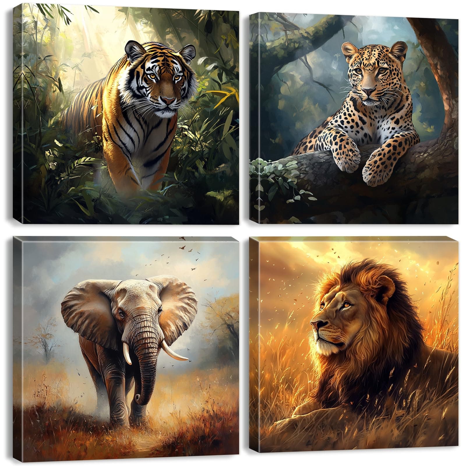 Wild Animals Canvas Wall Art Rustic Forest Wildlife Wall Decor Lion Elephant Tiger Leopard Pictures for Living Room Bedroom African Nature Landscape Prints Painting Bathroom Home Decorations 12x12" 4P