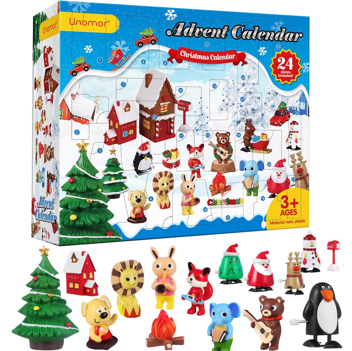 Unomor Christmas Advent Calendar, Kids Advent Calendar 2019 with 24PCS Resin Crafts and Winding Toys for Girls Boys - Countdown to Christmas