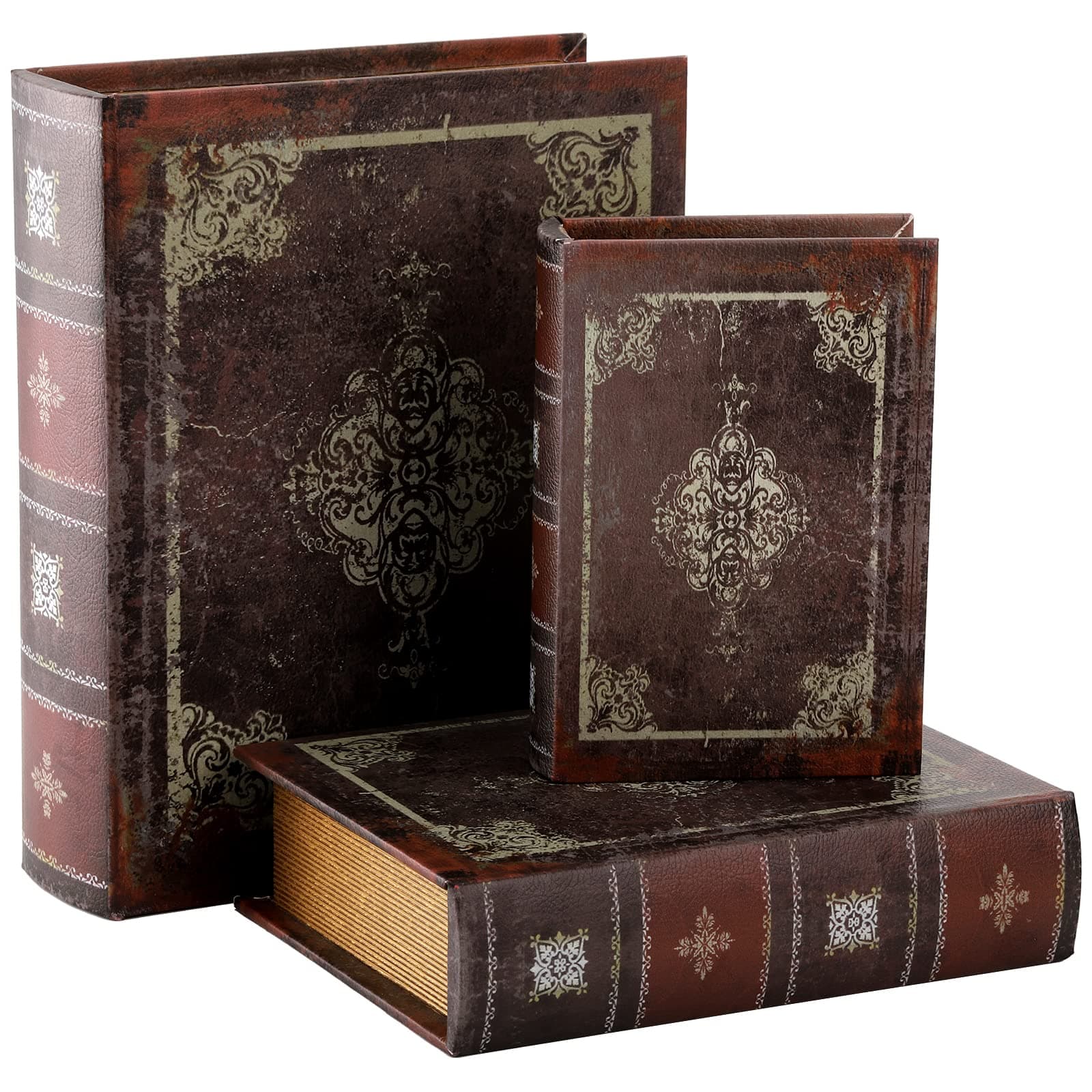 Tosnail 3 Pack Decorative Book Boxes with Magnetic Cover, Wooden Antique Book Decorations Vintage Book Storage Box - Retro Floral Pattern