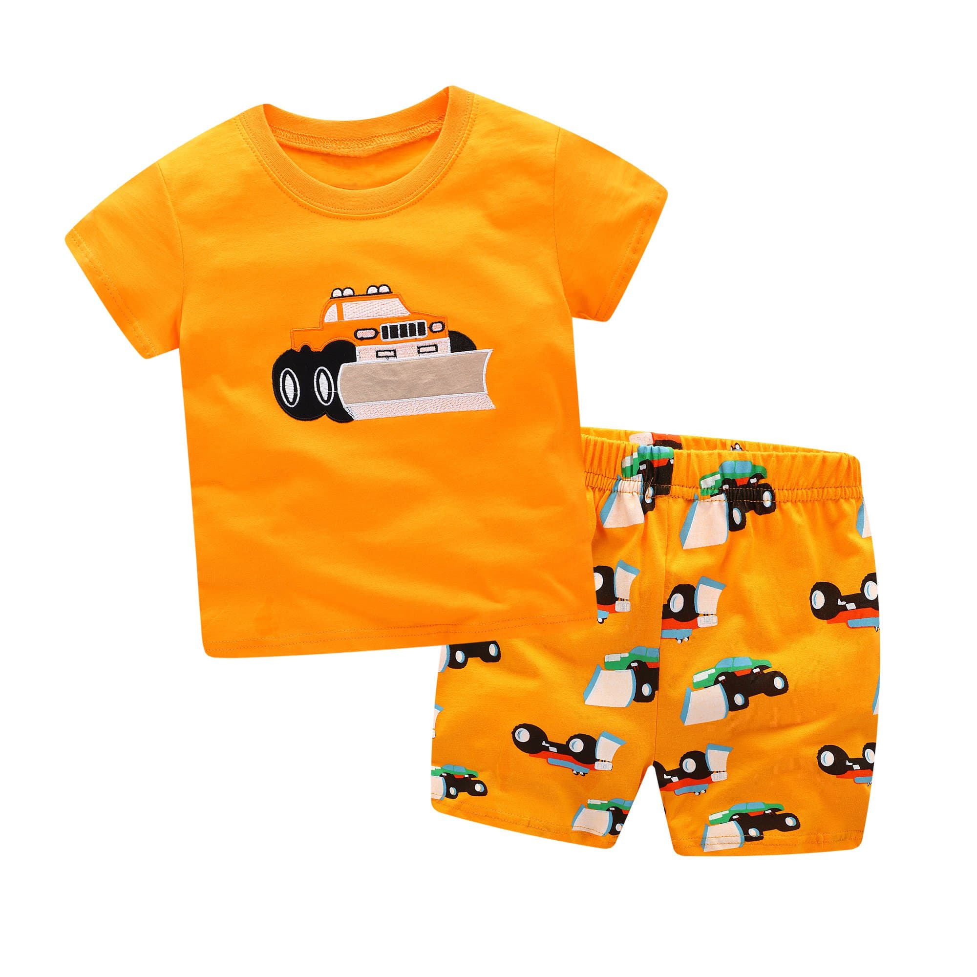 Pajama Short Sets for Boy 2 Piece Outfits Pj Short Set Pjs Sleepwear Nightwear 100% Cotton Short Sleeve T-Shirt Construction Truck Excavator Orange