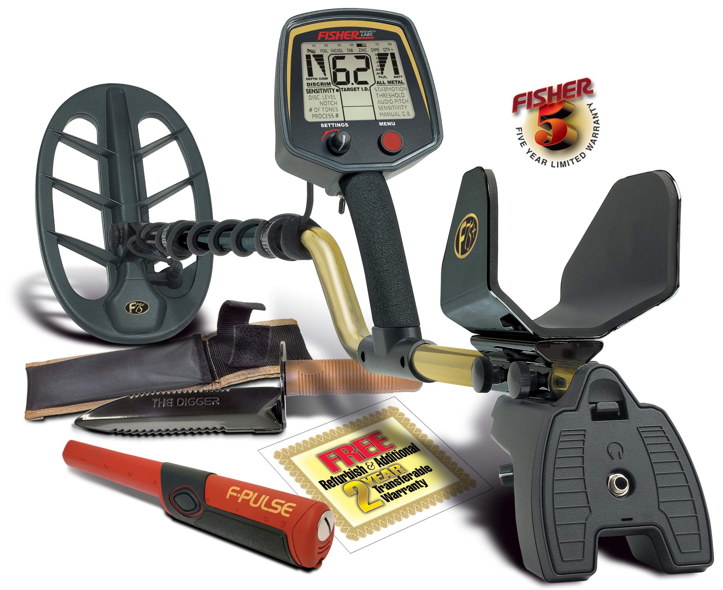 F75 Metal Detector Bundle with 11" Waterproof Coil, F-Pulse Pinpointer, and Digger – High Sensitivity, Ground Balancing, and Ergonomic Design for Coins, Relics, and Gold Prospecting