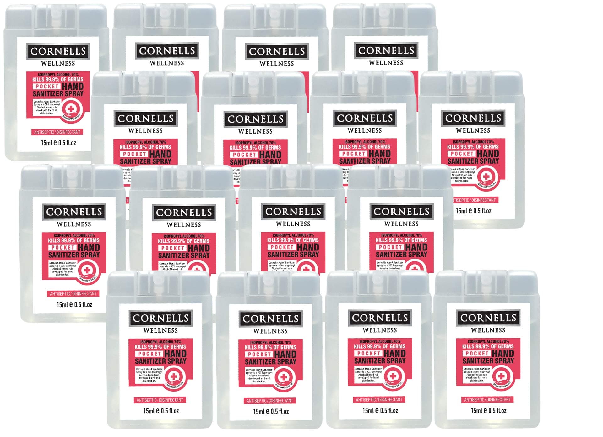 Cornells Wellness Pocket Hand Sanitizer Spray 15ML PACK OF 12, IPA 70%, Kills 99.99% of Germs, Antiseptic/Disinfectant