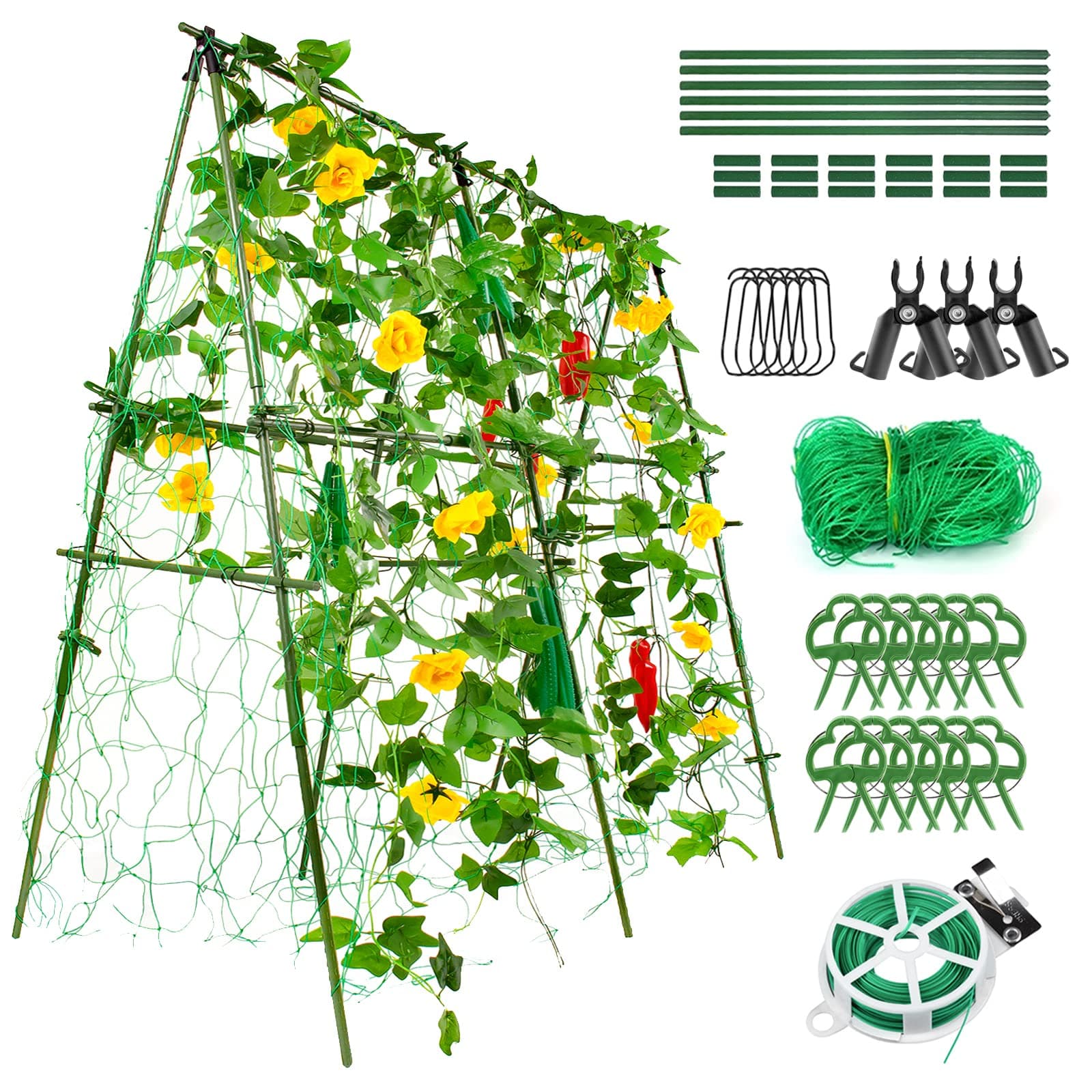 50 x 50 Inch Metal Garden Trellis for Climbing Plants Outdoor, Detachable Cucumber Trellis with Twist Ties, Net, and Clips for Outdoor Plant Vines Vegetables Flowers Fruits Tomato Pea Bean