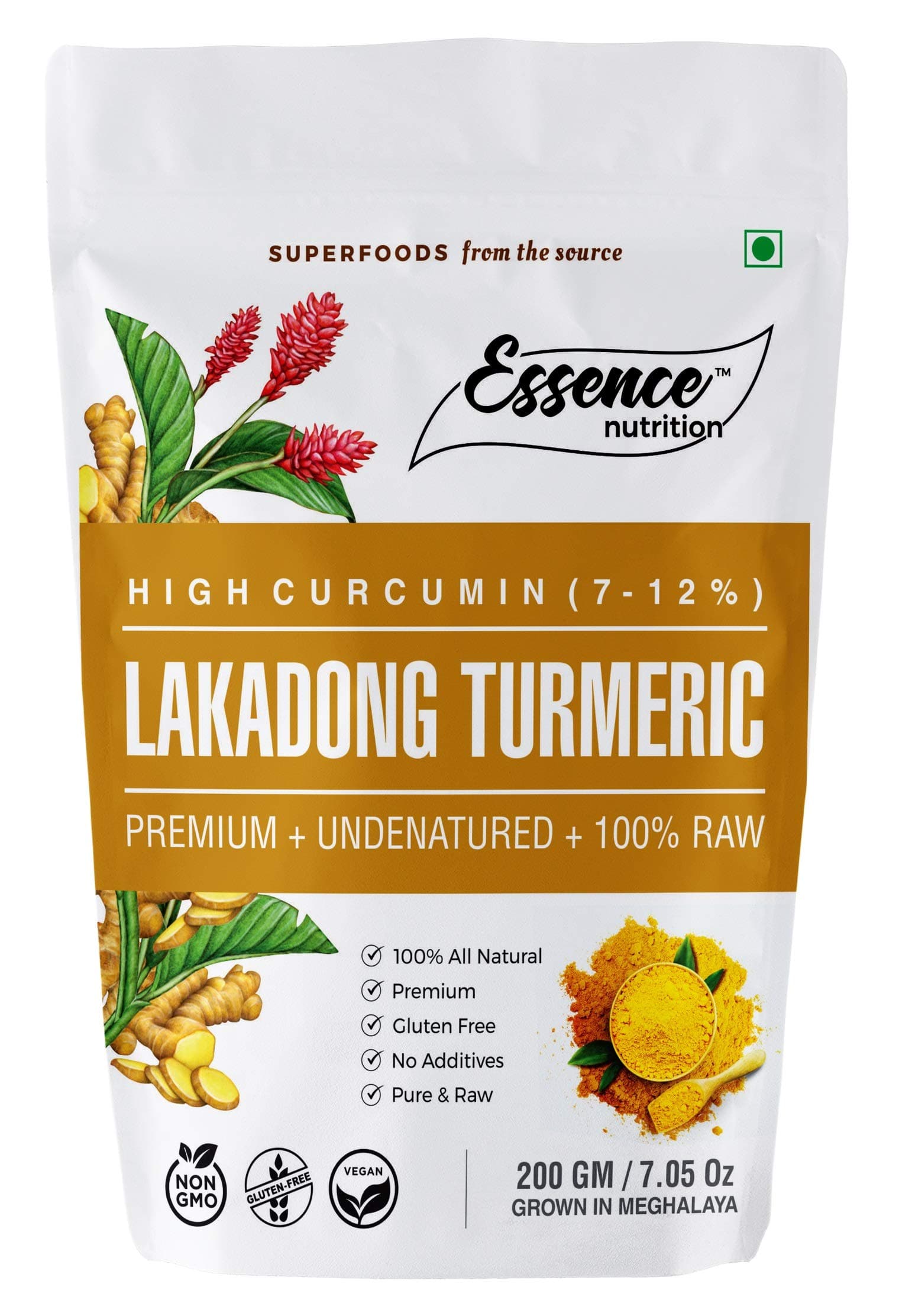 Essence Nutrition Lakadong Turmeric Powder (200 Grams) - World's Best Turmeric [Highest Curcumin, Undenatured, Raw]