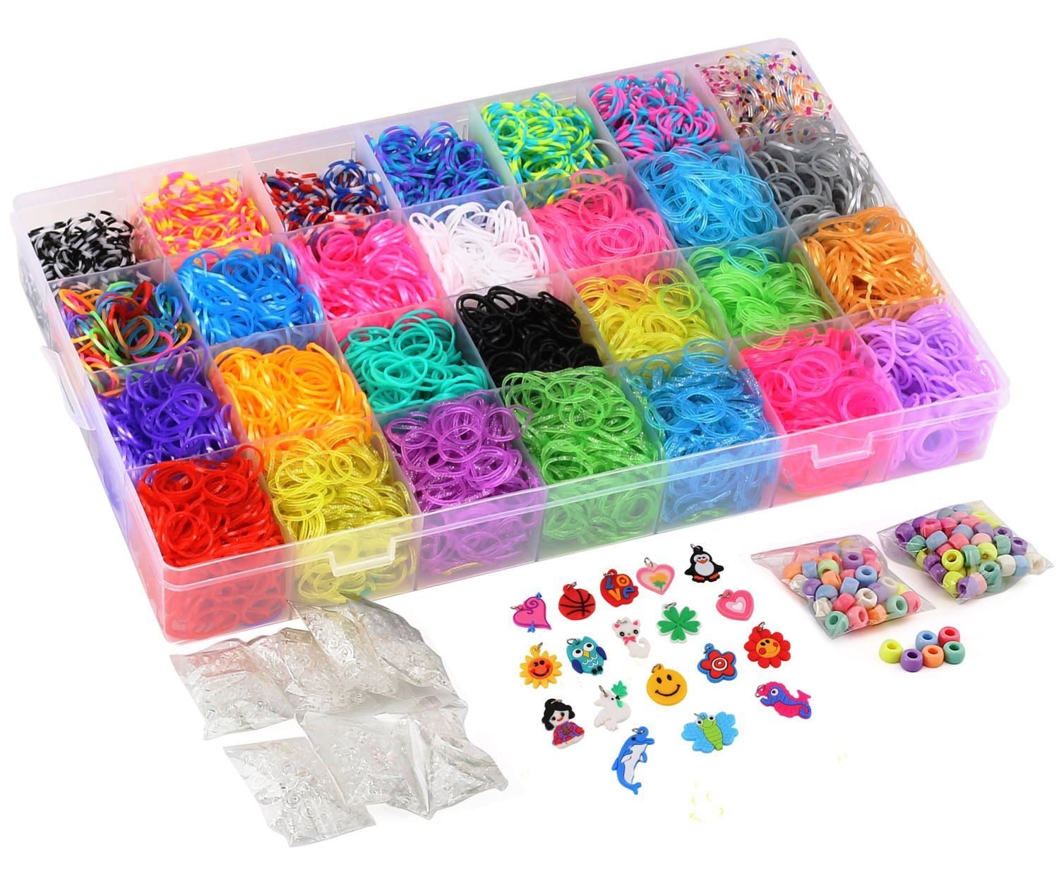 12100+ Rubber Bands Refill Loom Set 11,000+ Loom Bands 42 Colors 600 Clips 200 Beads + 52 ABC Beads 30 Charms 10 Backpack Hooks 10 Tassels 5 Crochet Hooks 5 Hair Clips +ABC & Number Stickers
