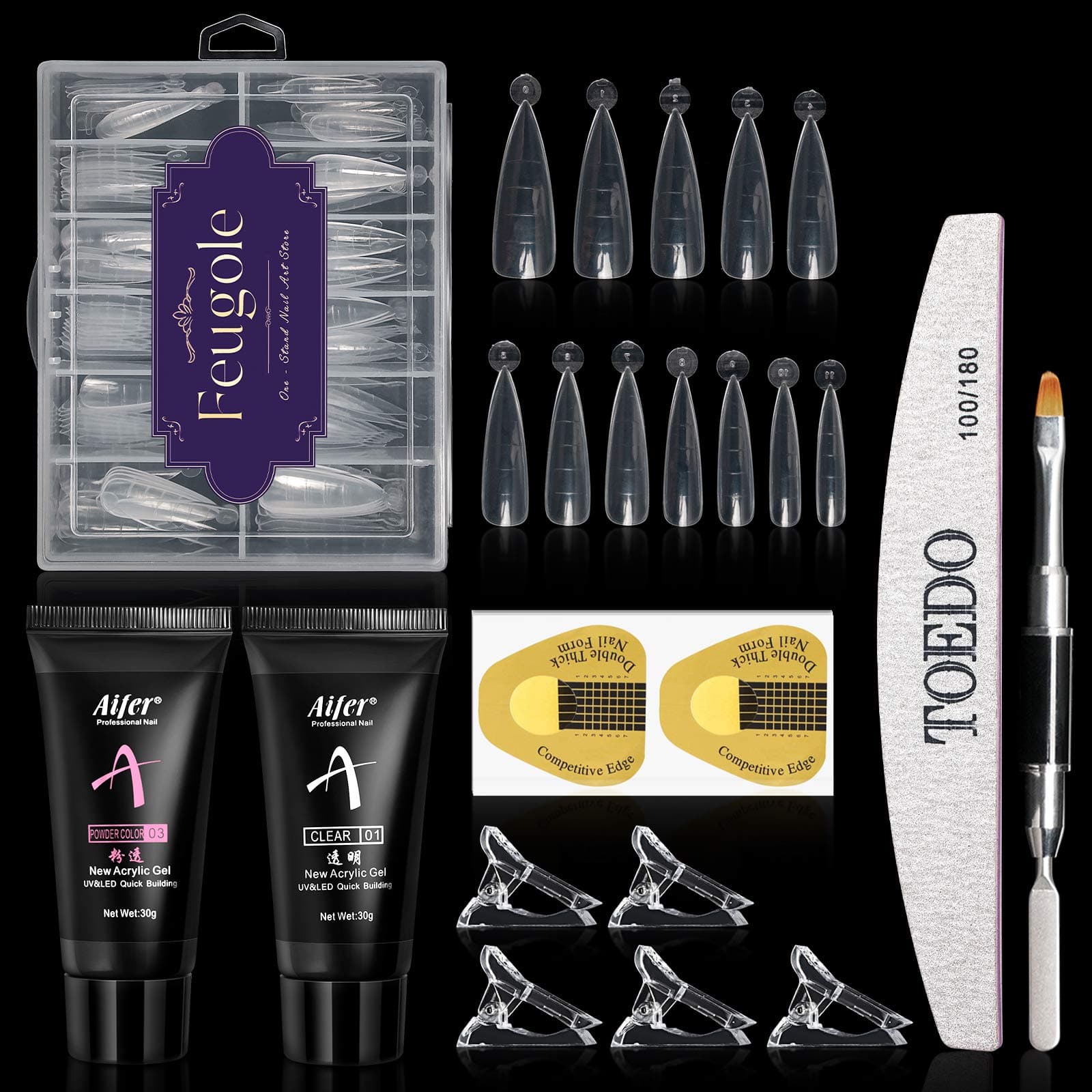 Feugole 120pcs Stiletto Nail Molds Extension Gel Dual Nail Forms Set, 2Pcs 15ml Nails Extension Gel with 100pcs Nail Art Forms Sticker, Dual-Ended Brush, Nail File and 10pcs Nail Tips Clip for Acrylic Nails Extension (Color-A)