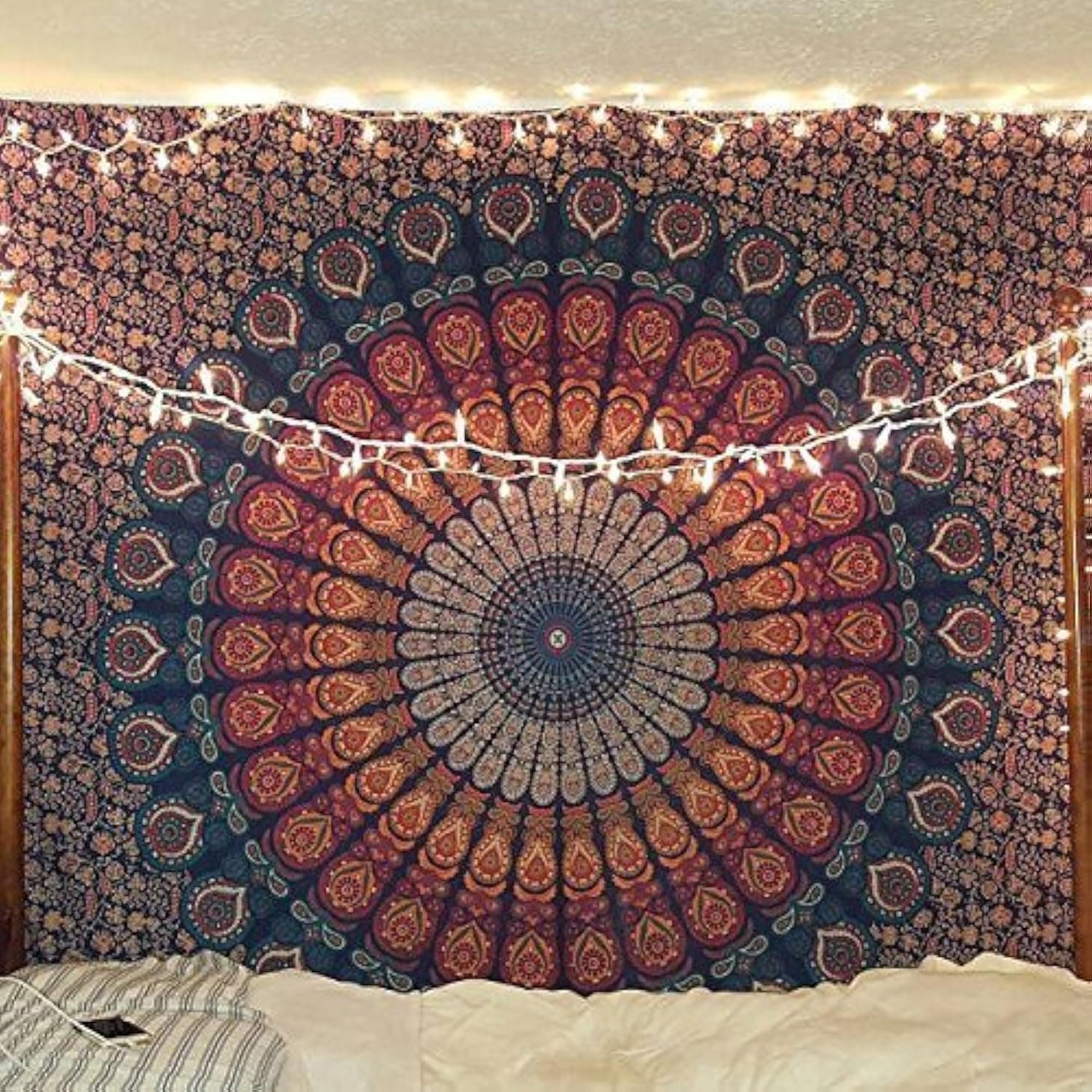 Indian hippie Bohemian Psychedelic Peacock Mandala Wall hanging Bedding Tapestry (Golden Blue, 182.88L X 137.16W cm)