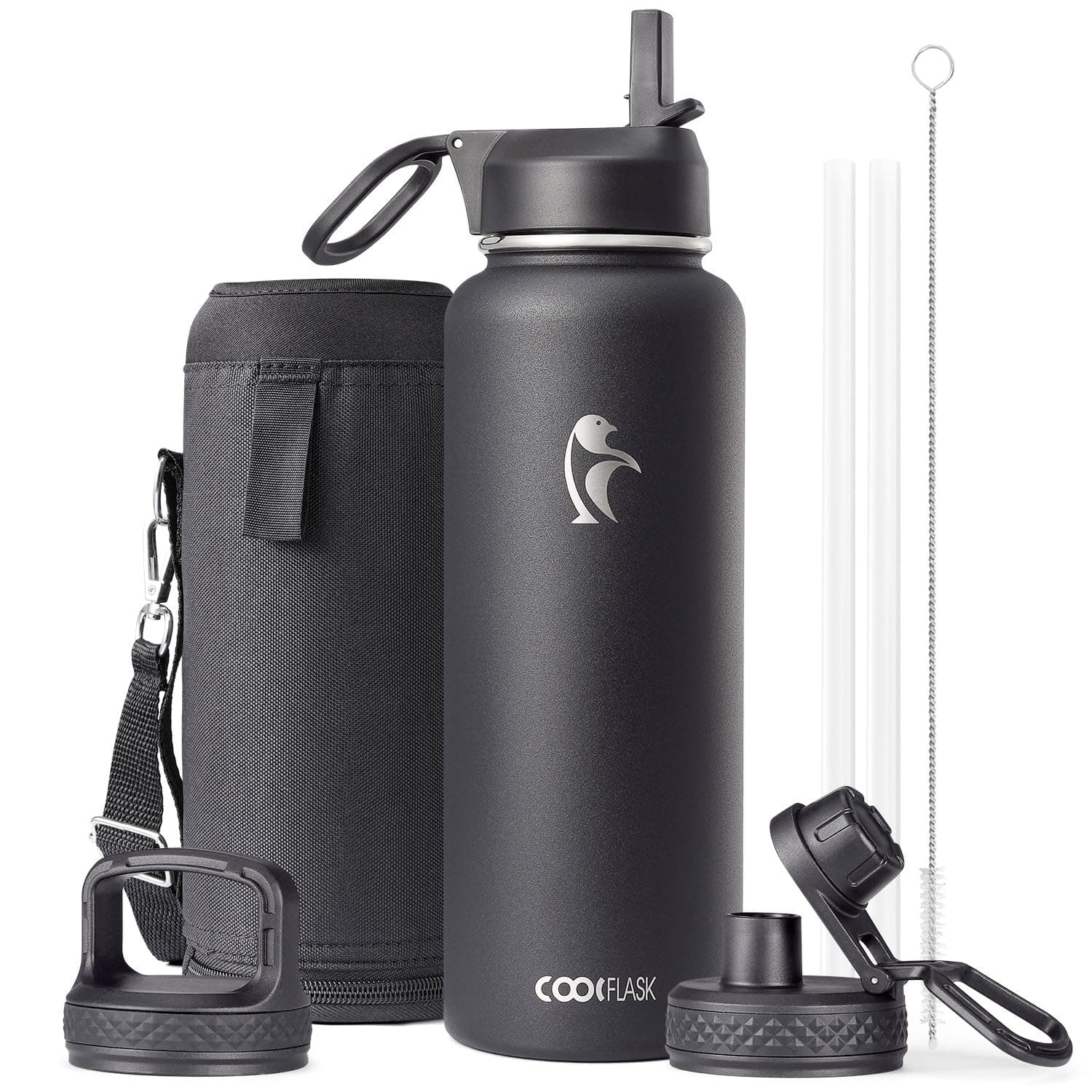 Water Bottle 40 oz with Straw & Spout Lid, Coolflask Insulated Water Bottle 1/4 Gallon Wide Mouth , Sweat-Proof BPA-Free Keep Cold for 48 Hrs or Hot for 24 Hrs, Magic Black