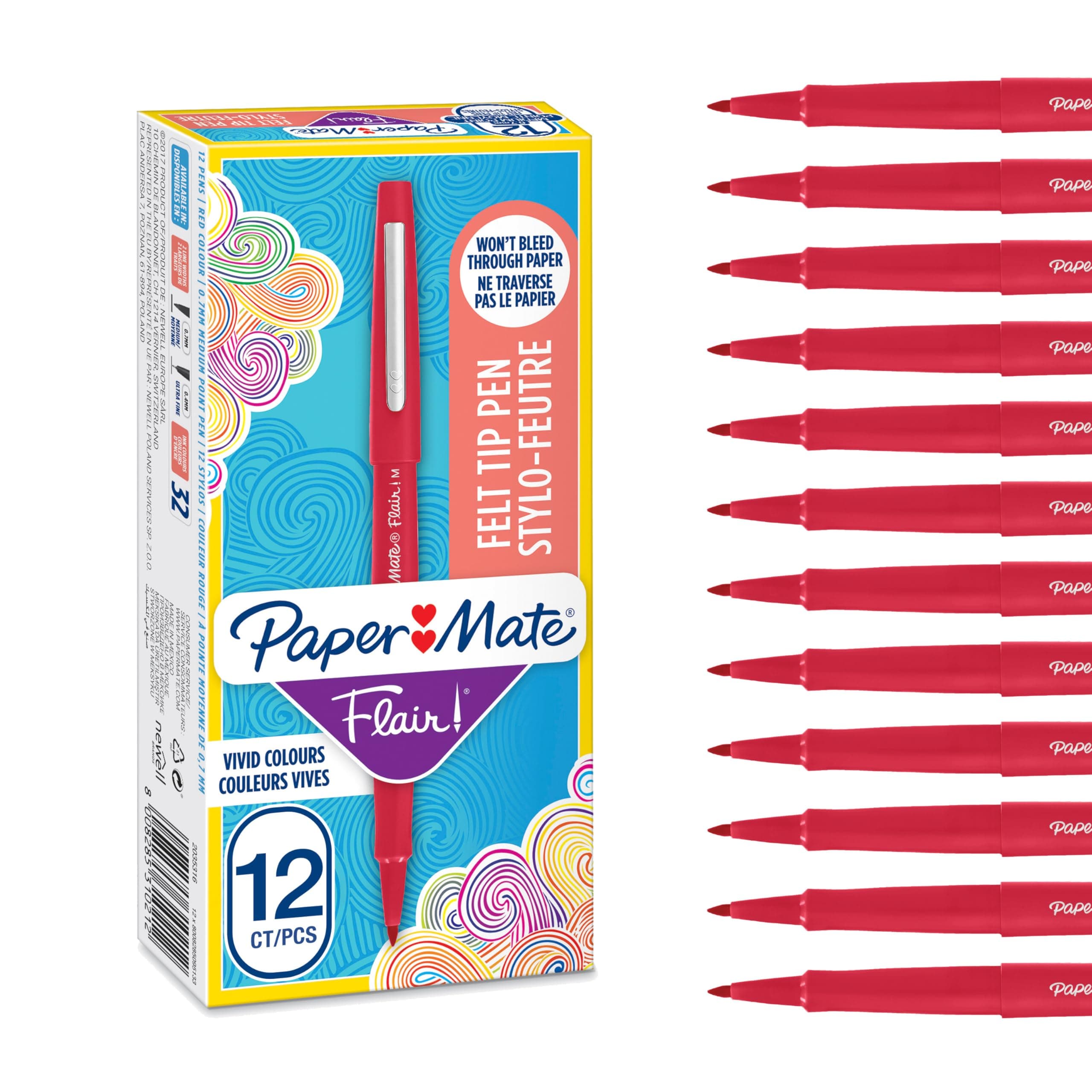 Paper Mate Flair Felt Tip Pens | Medium Point (0.7mm) | Red | 12 Count