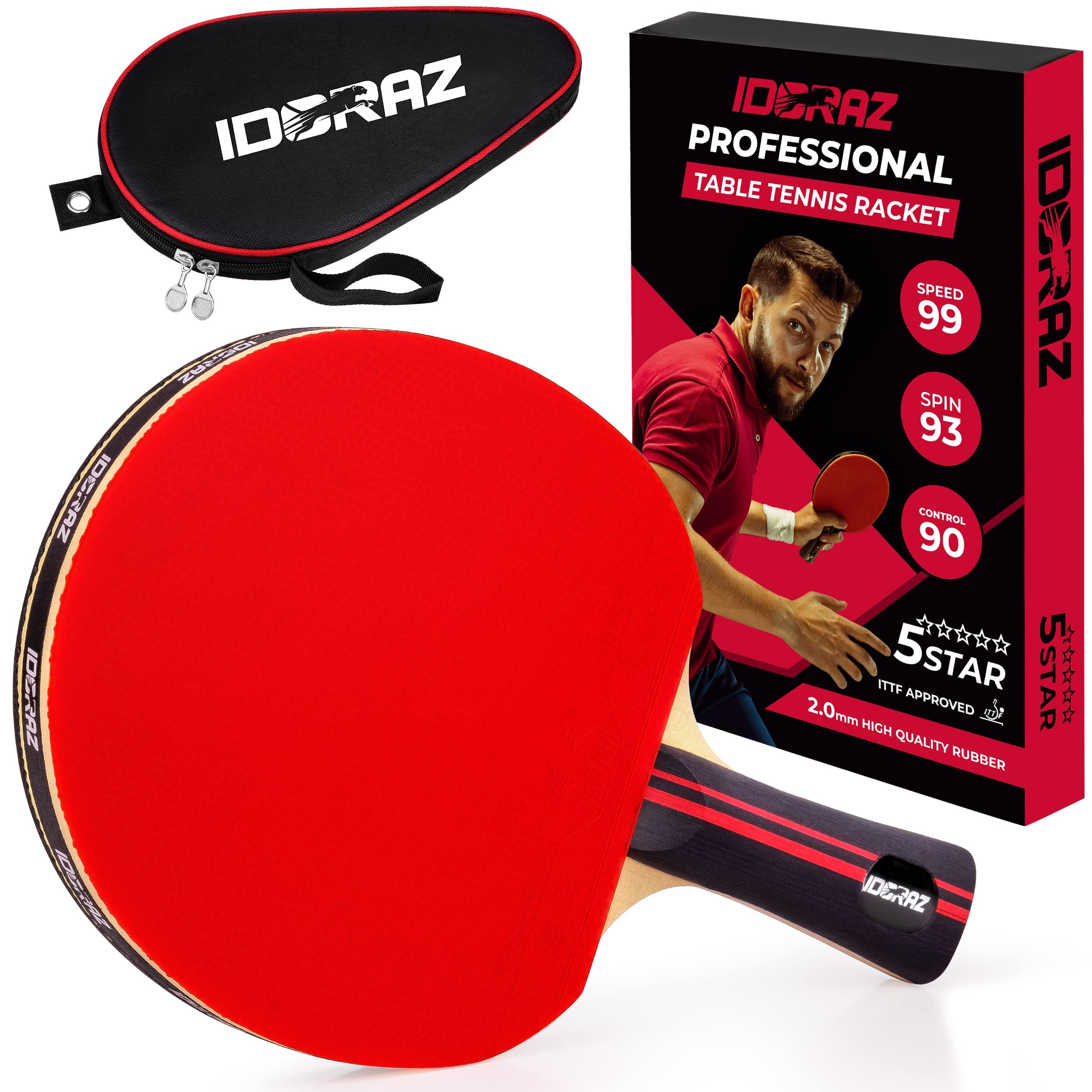 Professional Ping Pong Paddle - Best Table Tennis Racket with Carrying Case ITTF Approved Rubber - Premium Ping Pong Paddles with Top Speed 99 Spin 93 Control 90 for All Levels