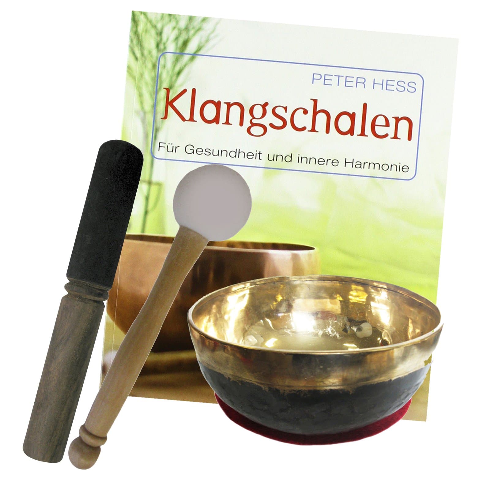 Peter Hess Singing Bowl Bengali 4-Piece Set with Book. Gold/Black Bengali Therapy Singing Bowl Head | Approx. 300-400 g Approx. 10-12 cm Diameter # 70178 Sound Therapy Set with Cushions – Wooden Leather Beater and Book: Singing Bowl for the health and Inner Harmony.