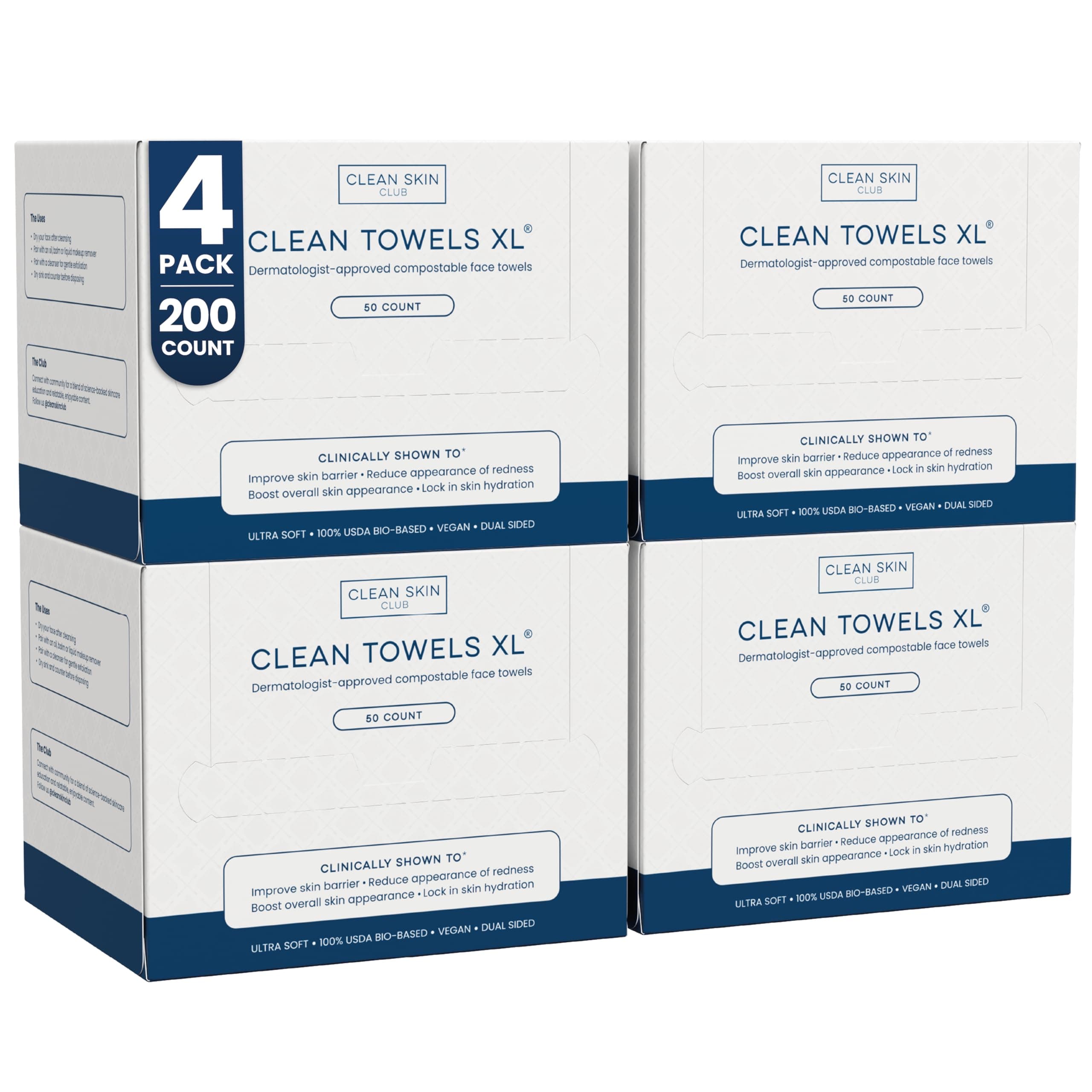 Clean Skin Club Clean Towels XL®, 100% USDA Biobased Face Towel, Disposable Face Towelette, Eczema Association Accepted, Makeup Remover Dry Wipes, Ultra Soft, 50 ct per pack, 4 Packs, 200 Ct Total