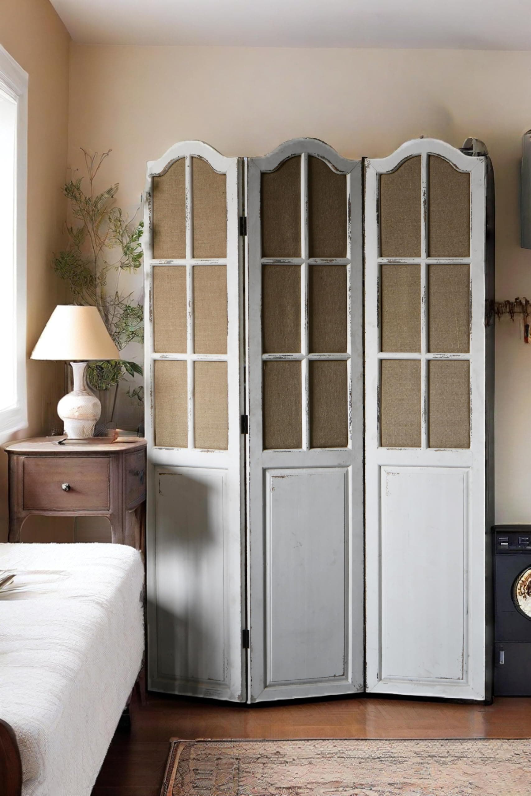 Solid Wooden 3 Panel Room Dividers and Folding Privacy Screens, Handcrafted Rustic 6Ft Tall Room Divider Wall, Wood&Linen Unique Freestanding Room Partition White, Privacy Panel for Bedroom Outdoor
