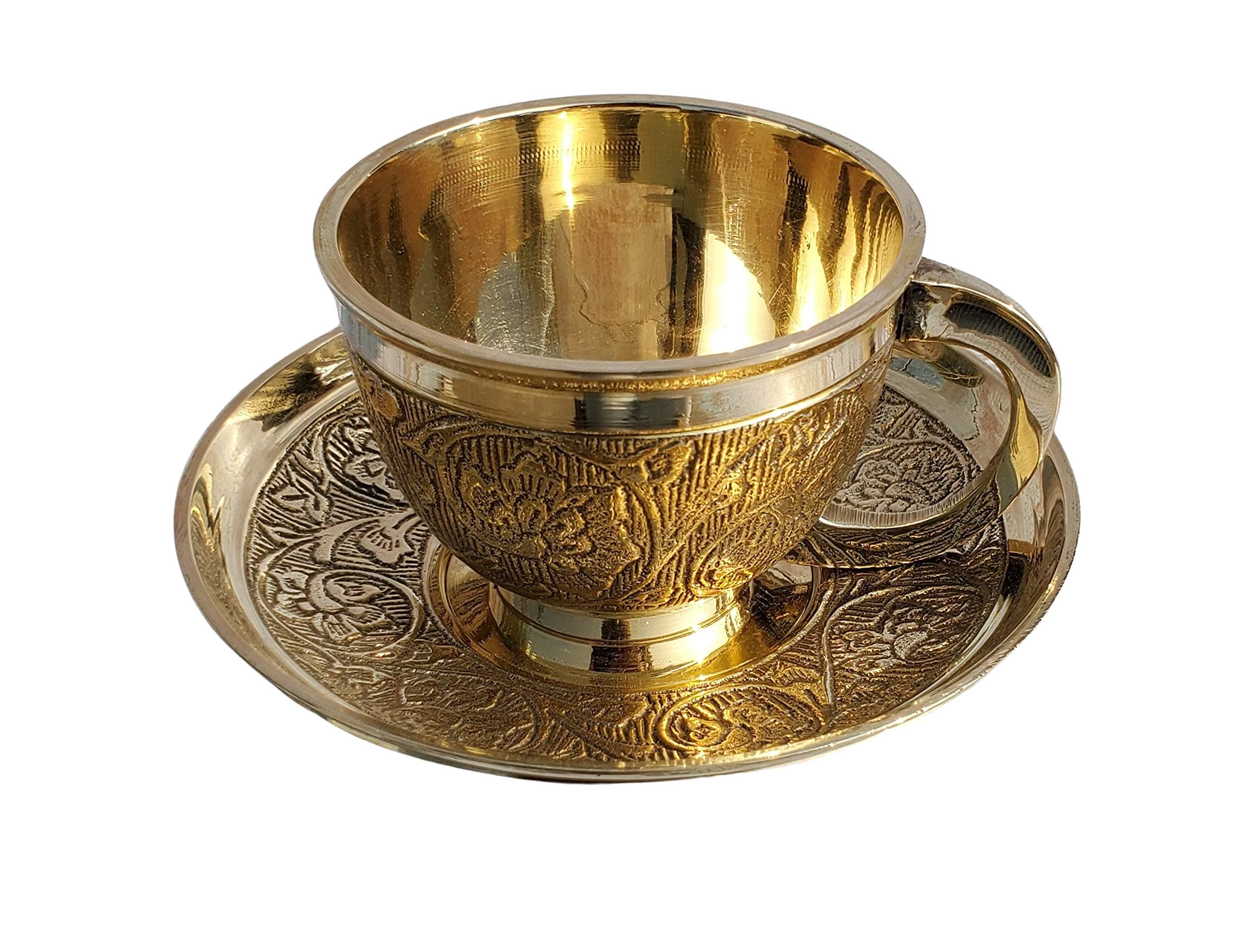 Pure Source India Brass Tea Cup and Saucer Sets – 1 Piece, Gold, 130ml
