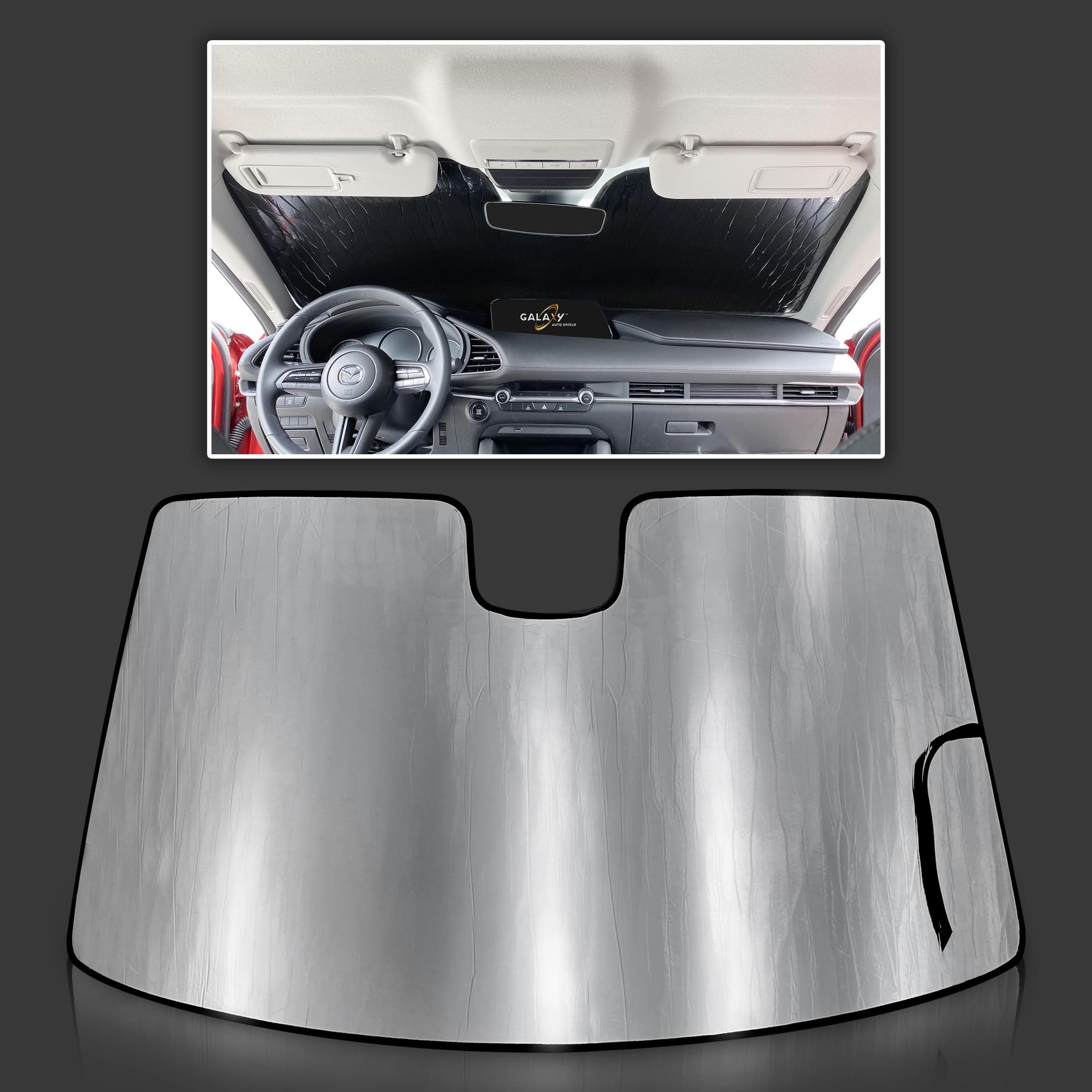 Custom Fit Reflective Windshield Sun Shade for 2019 2020 2021 2022 2023 2024 2025 Mazda 3 Mazda3 Sedan Hatchback, Insulated Window Sunshade Privacy Blockout UV Reflector Protection - Made in USA