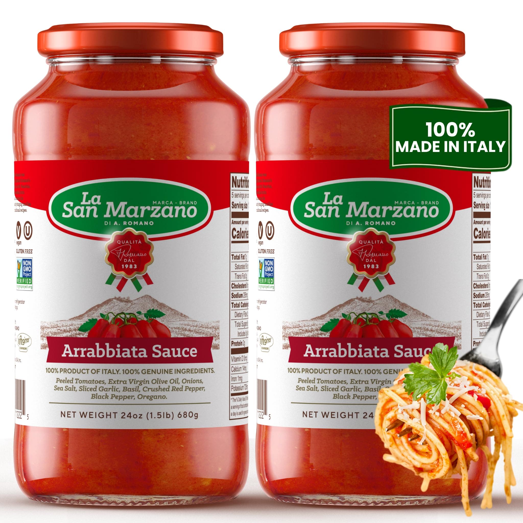 Arrabiata Sauce - Pasta Sauce with 100% Made in Italy - Peeled Tomatoes with Fresh and Natural Ingredients Non-GMO, Vegan, Gluten Free, Kosher, Mediterranean Diet 24 Ounce Jar