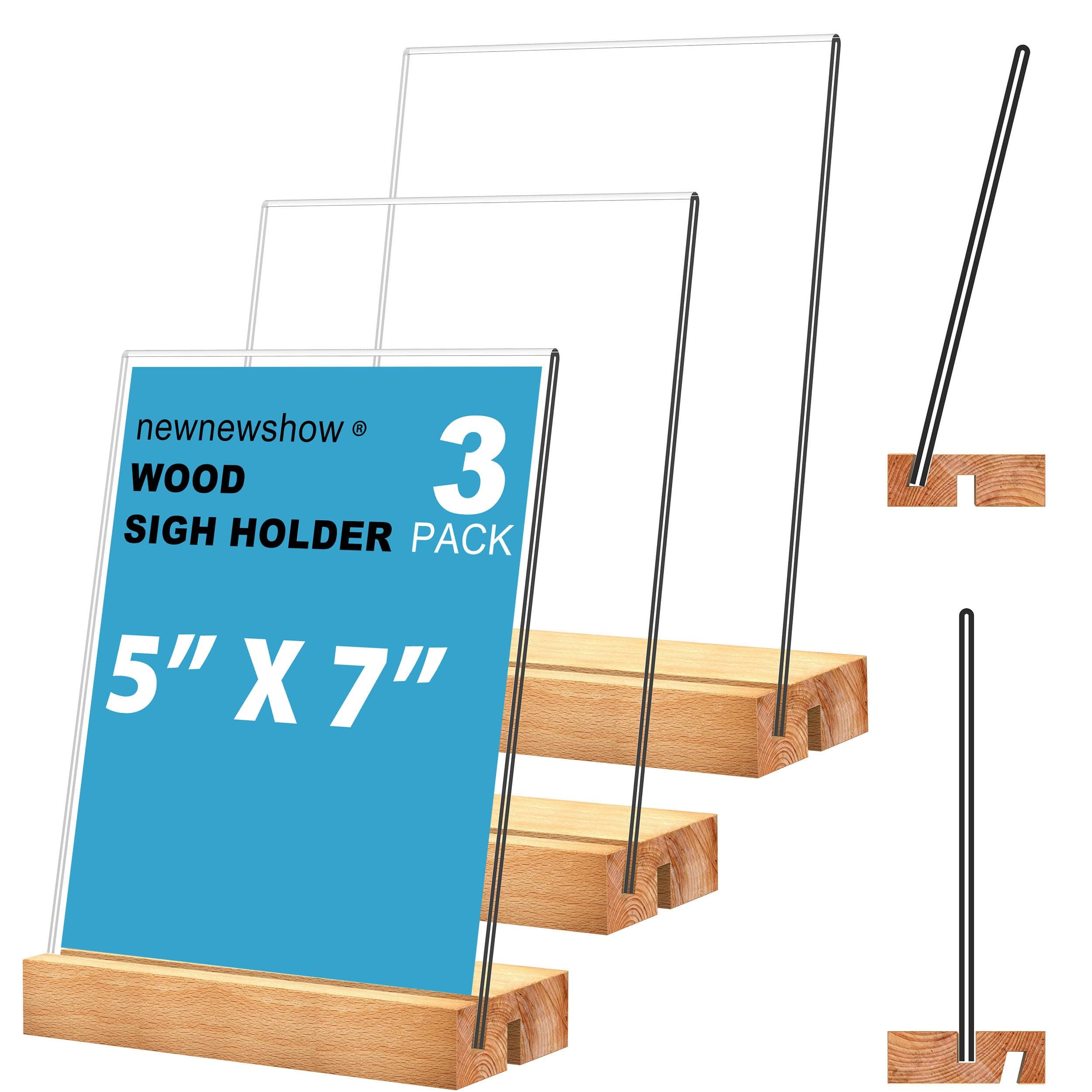 newnewshow 5"x7" Acrylic Sign Holder with Wood Base Wood Sign Holder Vertical or Slant Back Display for Store Office (5x7 L/T)