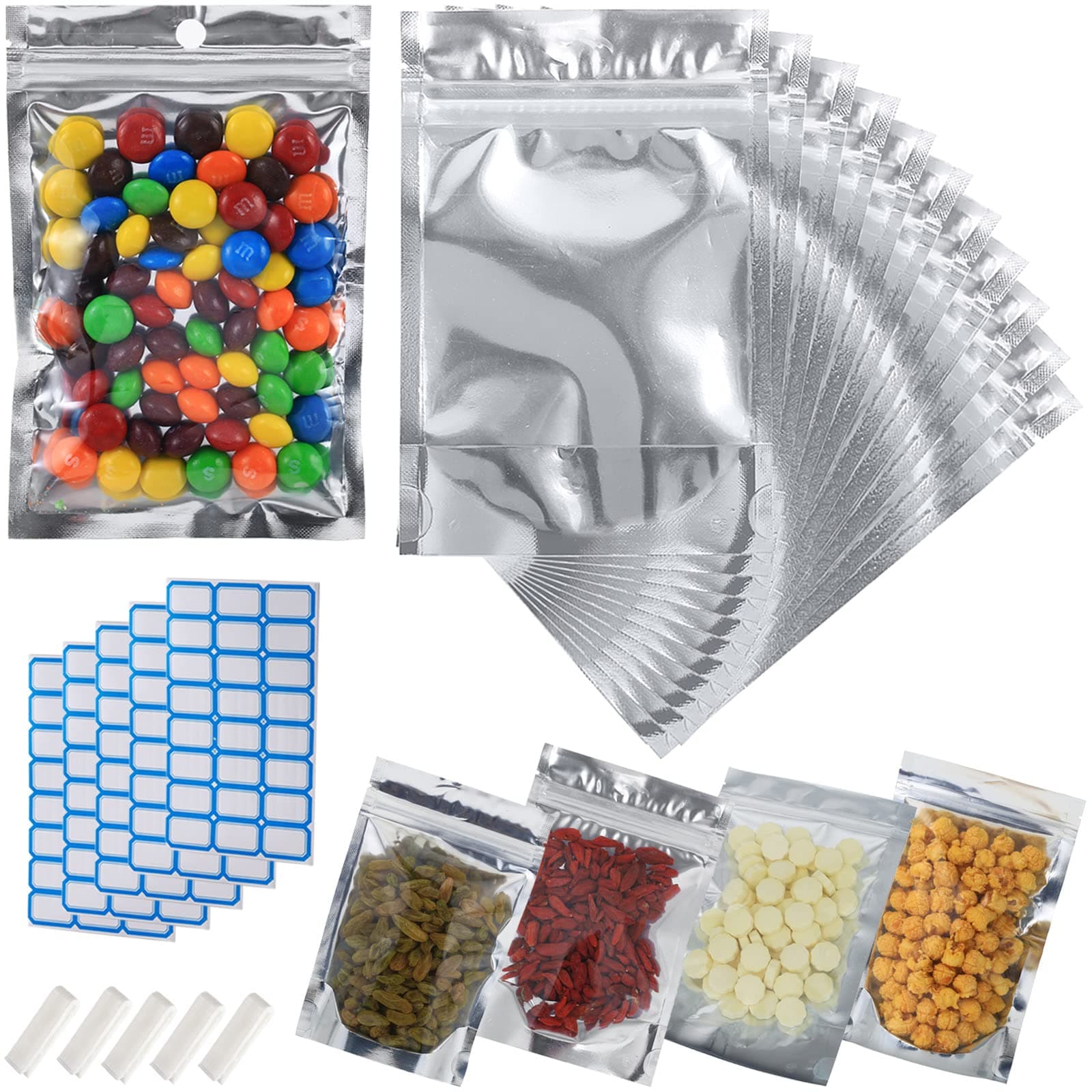 100-Pack Reclosable Small Mylar Bags for Food Storage 4" x 6" Stand Up Pouch Bags in Bulk Resealable Smell Proof Aluminum Silver Foil Bags with Clear Window Kitchen Storage Edible Packaging