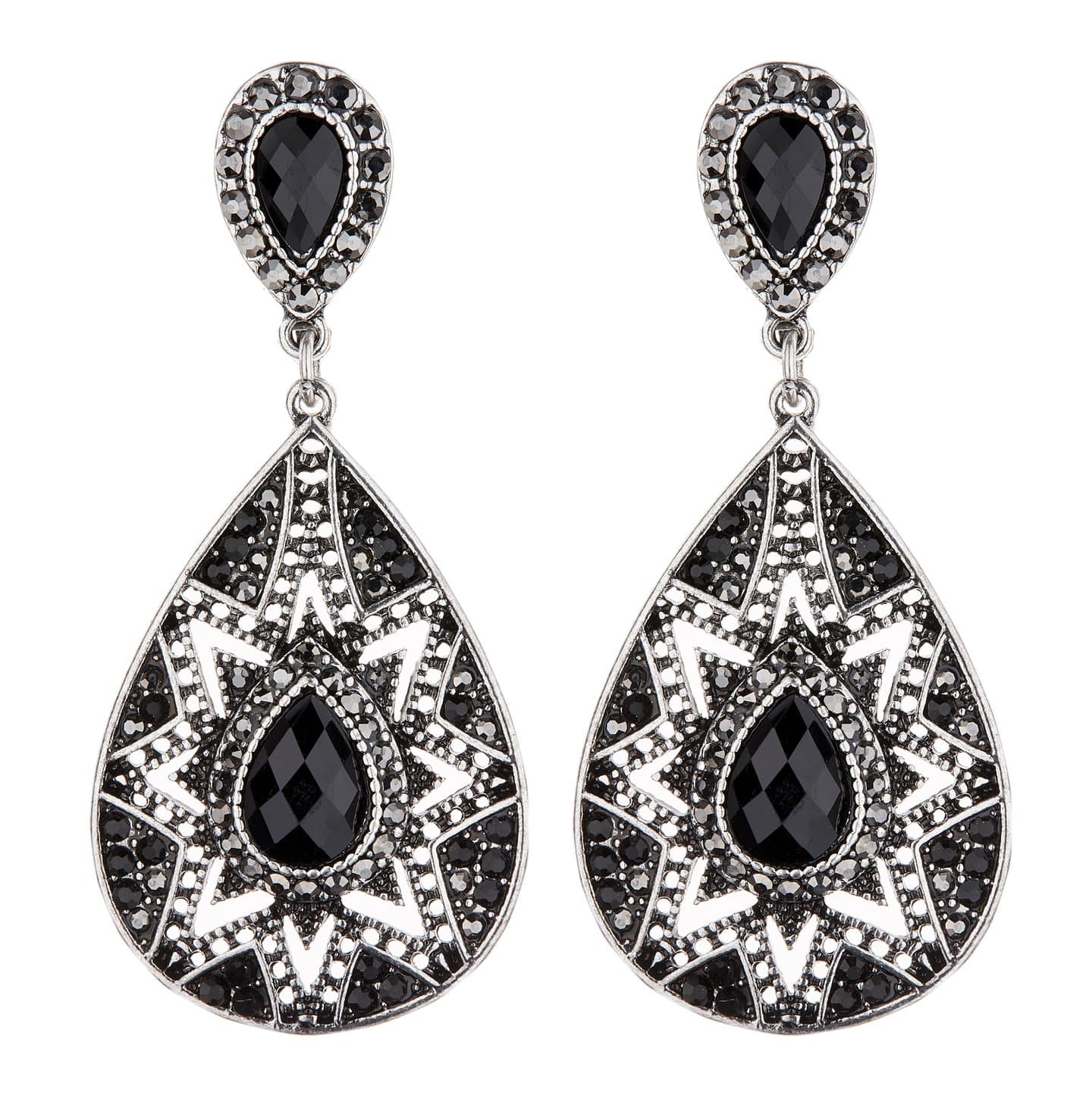 Clip On Earrings - Antique Silver Plated With Black Crystals - Bisa