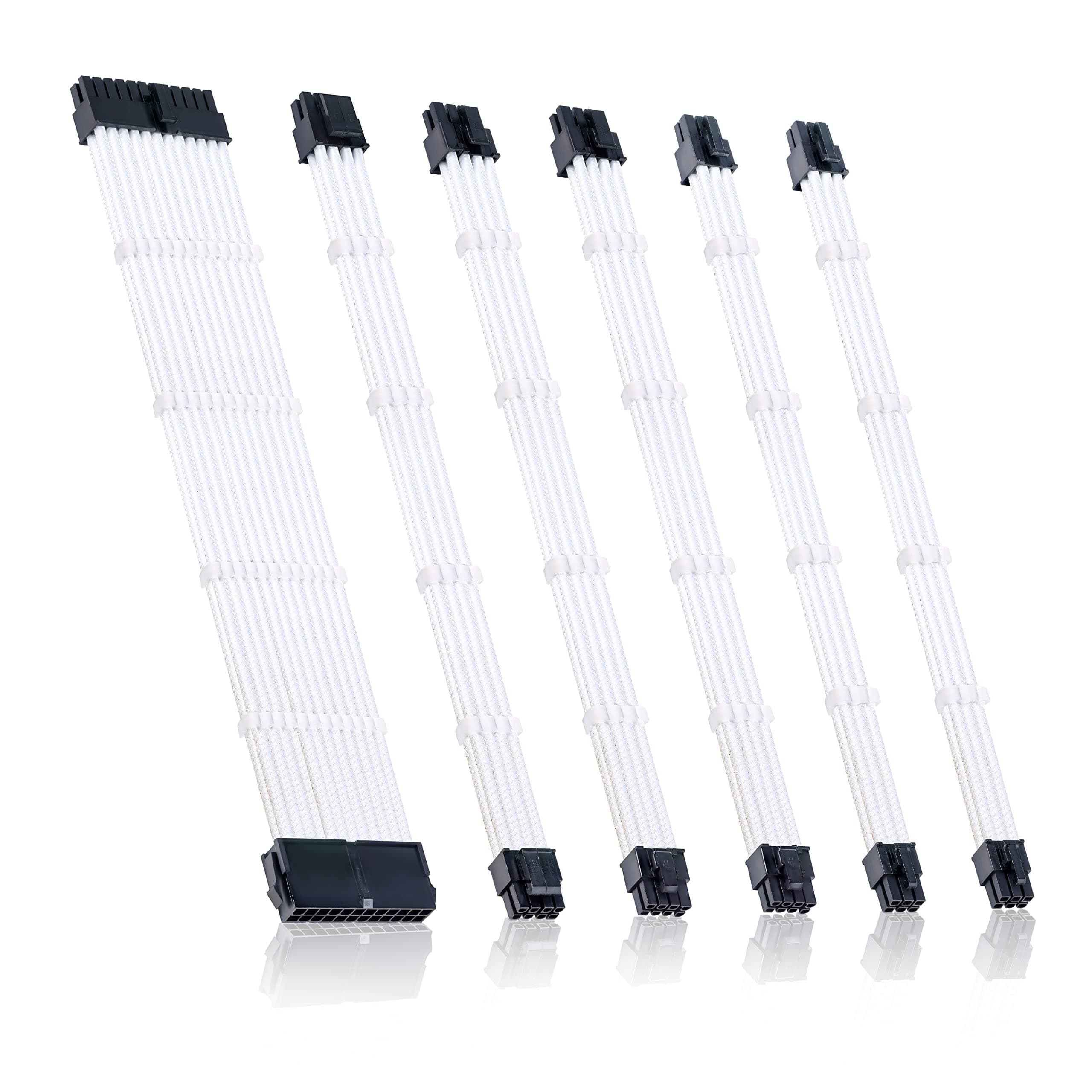 Fstop LabsBraided ATX Sleeved Cable Extension Kit for Power Supply Cable Kit, PSU Connectors, 24 Pin, 8 Pin, 6 Pin 4 + 4 Pin, 6 Pack, with Cable Comb 24 Pieces Set 24-Pin, 8-Pin, 6-Pin (White)