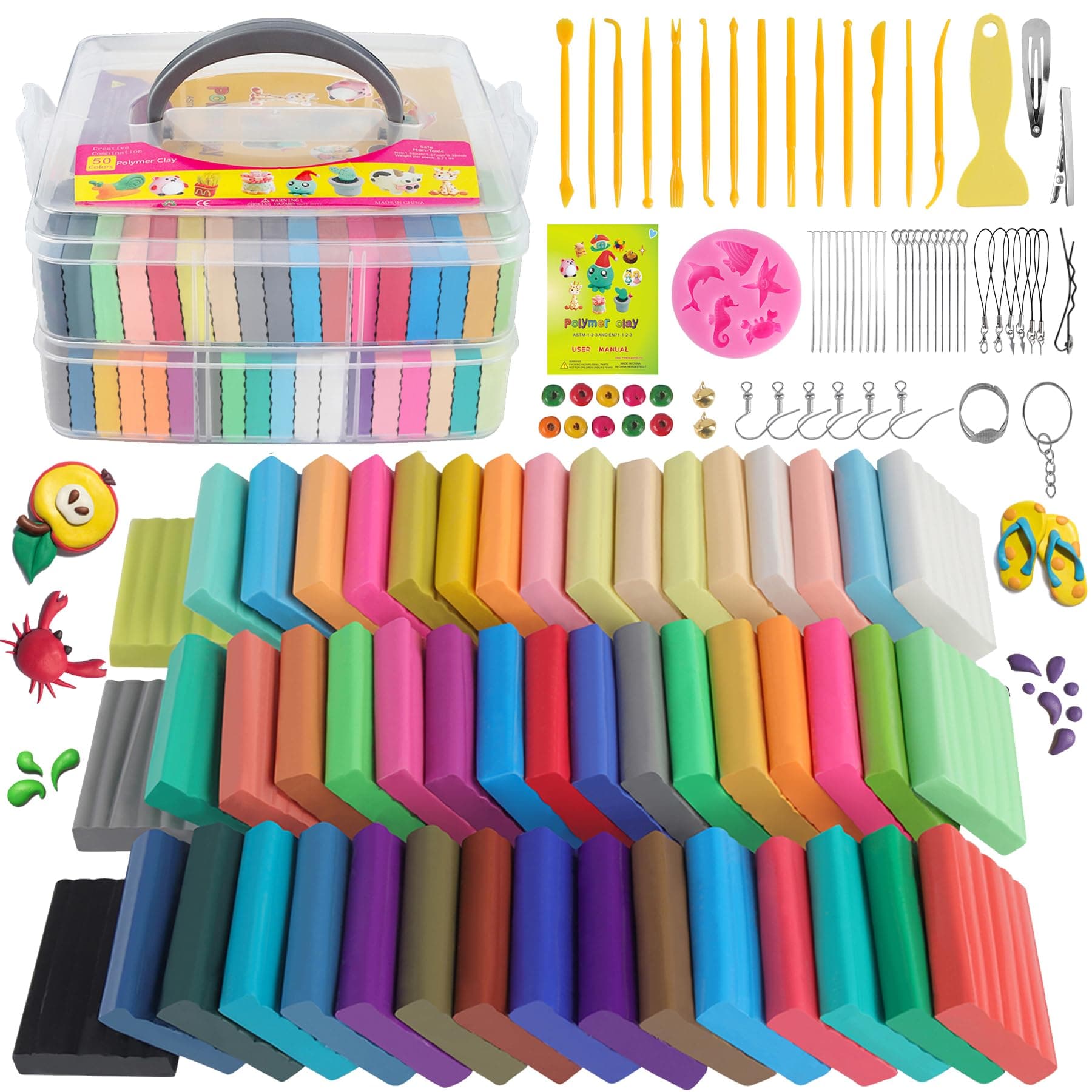 Polymer Clay Kits 50 Colors,Modeling Clay for Kids DIY Mold Oven Bake Clay with Storage Box Sculpting Tools and Accessories,for Kids Adult and Artist Friendly Ideal Gifts