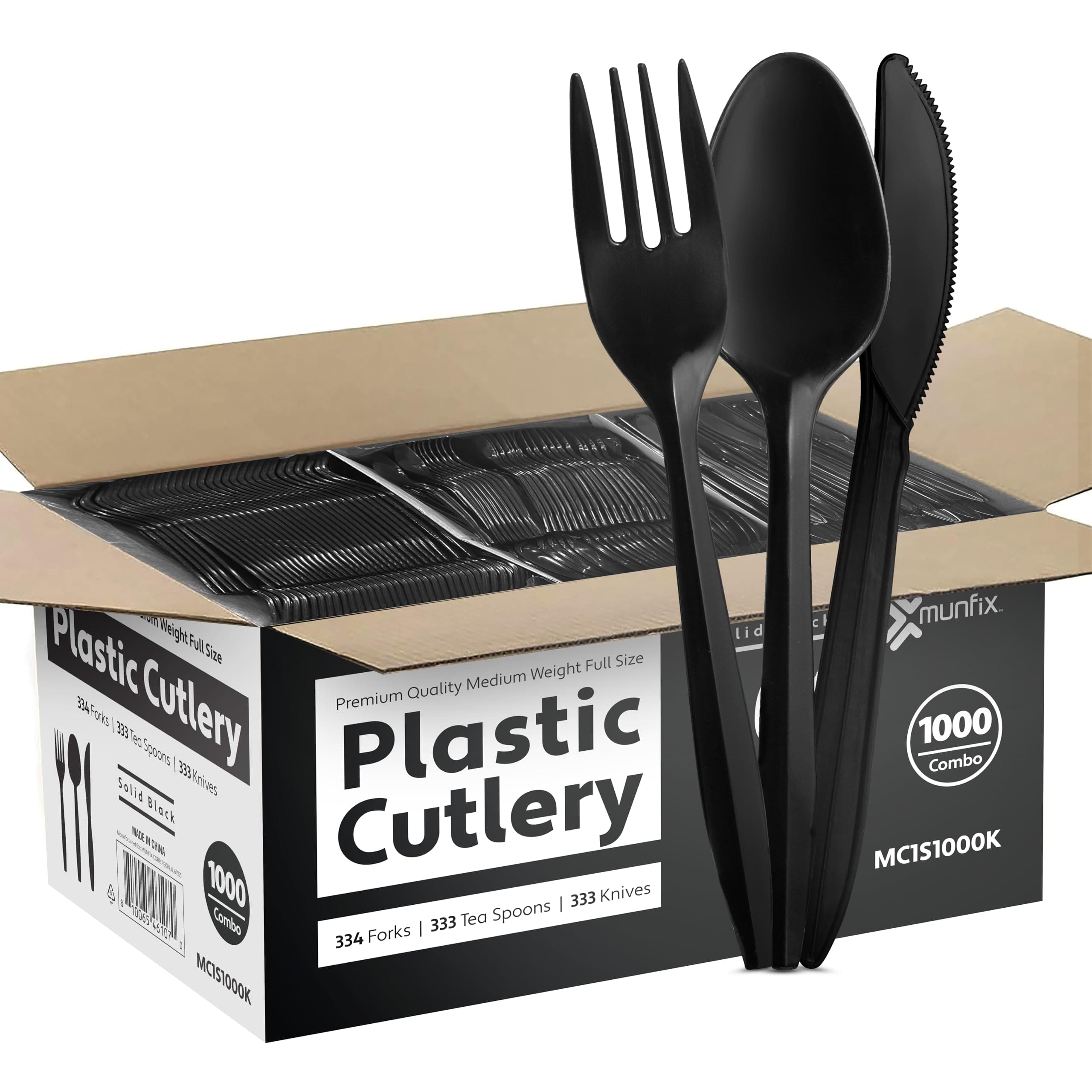 1000 Count Black Silverware Set, 334 Forks, 333 Spoons, 333 Knives, Medium Weight BPA Free Disposable Plastic Cutlery Set, Bulk Combo Pack Flatware Set for Party Supplies